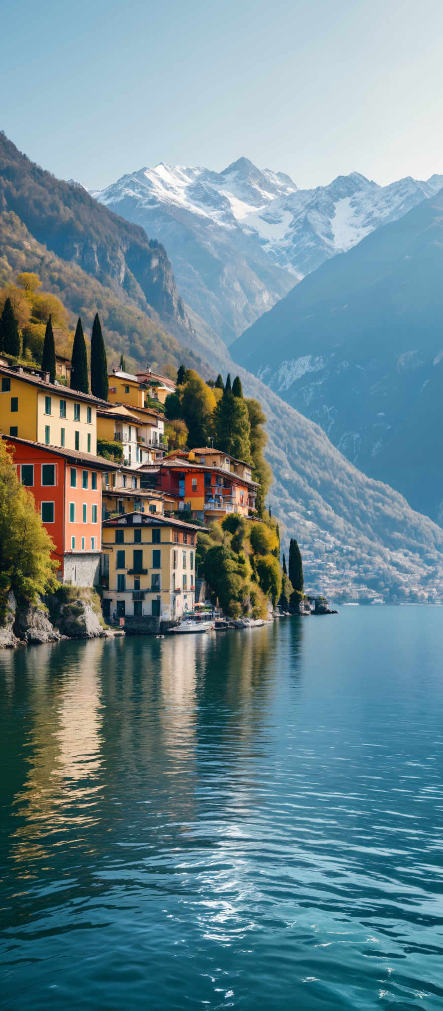 A picturesque village is nestled on the shore of a serene lake. The village is characterized by a row of buildings each painted in a different vibrant color. The buildings are topped with red roofs adding a pop of color to the scene. The lake a deep shade of blue is dotted with a few boats suggesting a peaceful day out on the water. The backdrop of the scene is a majestic mountain its peak reaching up to touch the clear blue sky. The image captures the tranquility and beauty of the village and its surroundings.