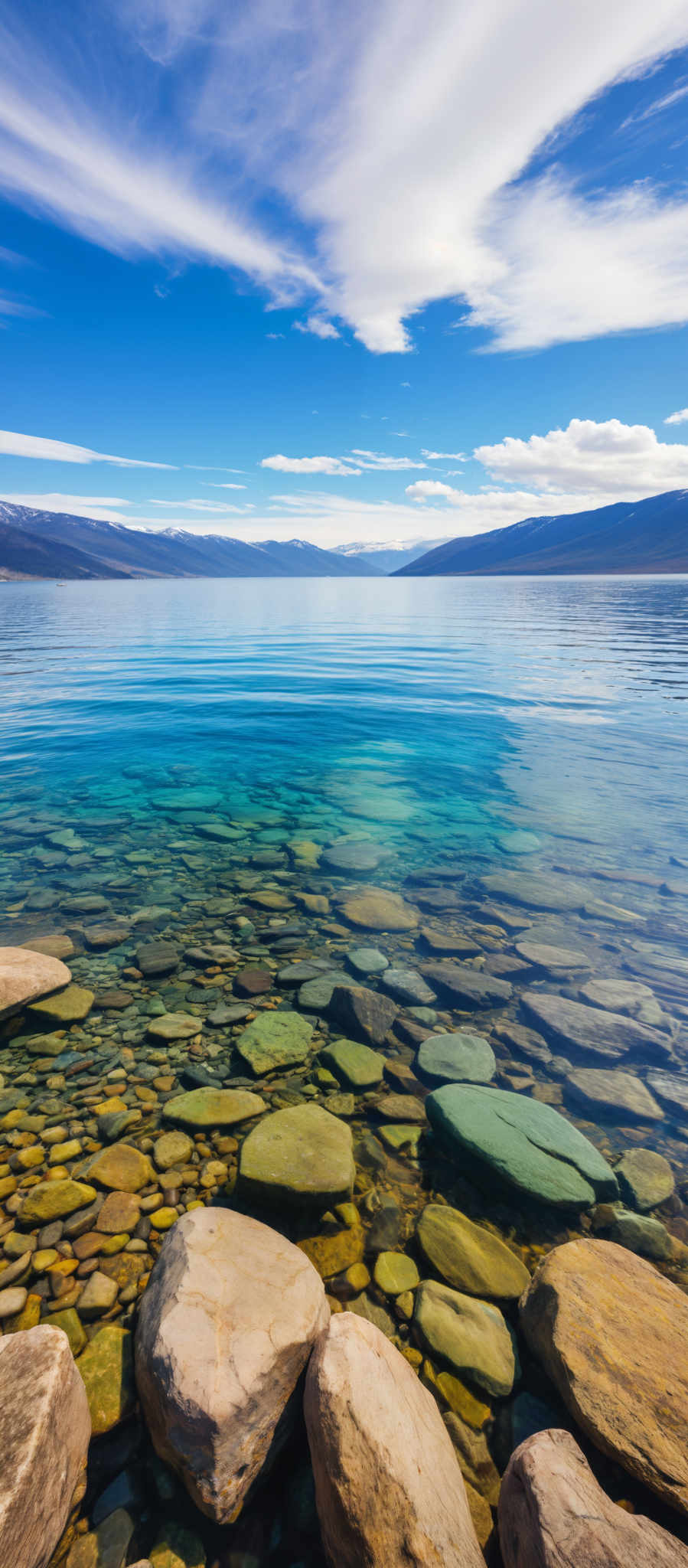 A serene lake with a mountain range in the background. The water is a beautiful blue-green color and the rocks are a mix of green and brown. The mountains are covered in snow adding to the beauty of the scene.