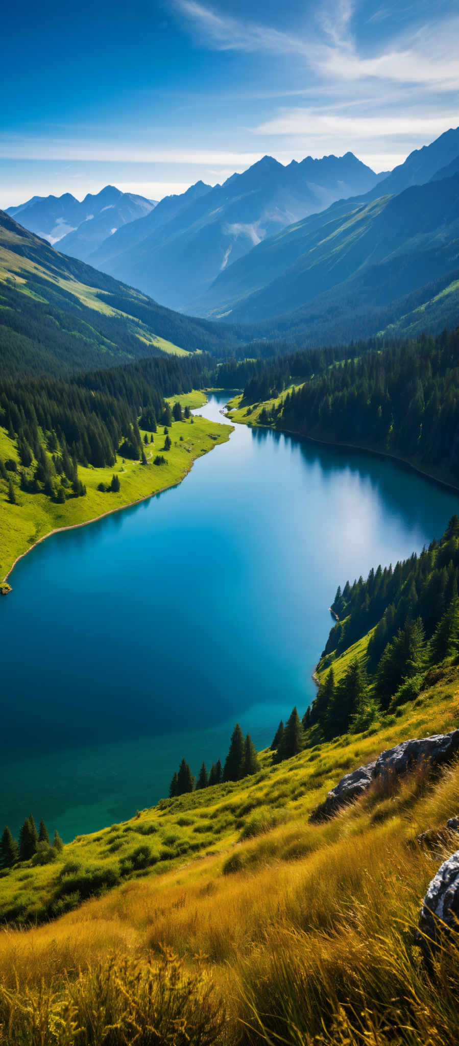 A serene mountainous landscape with a deep blue lake at its heart. The lake is surrounded by lush greenery and towering trees creating a tranquil atmosphere. The mountains in the background add a sense of grandeur to the scene. The image captures the beauty of nature in its purest form.