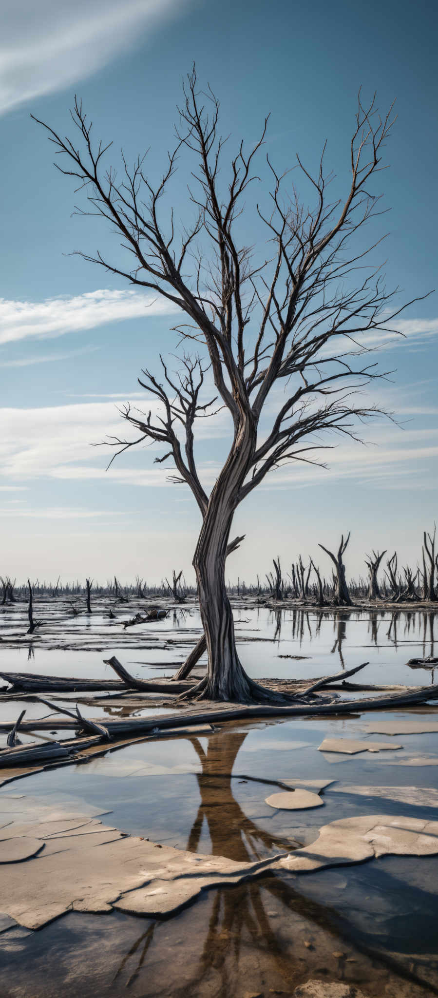 A barren tree stands in the middle of a swampy area. The tree with its twisted trunk and bare branches is the only living thing in the otherwise desolate landscape. The ground is covered in a thick layer of mud reflecting the harsh conditions of the environment. The sky above is a clear blue providing a stark contrast to the bleak scene below. The image captures the stark beauty of nature in its most raw and unfiltered form.