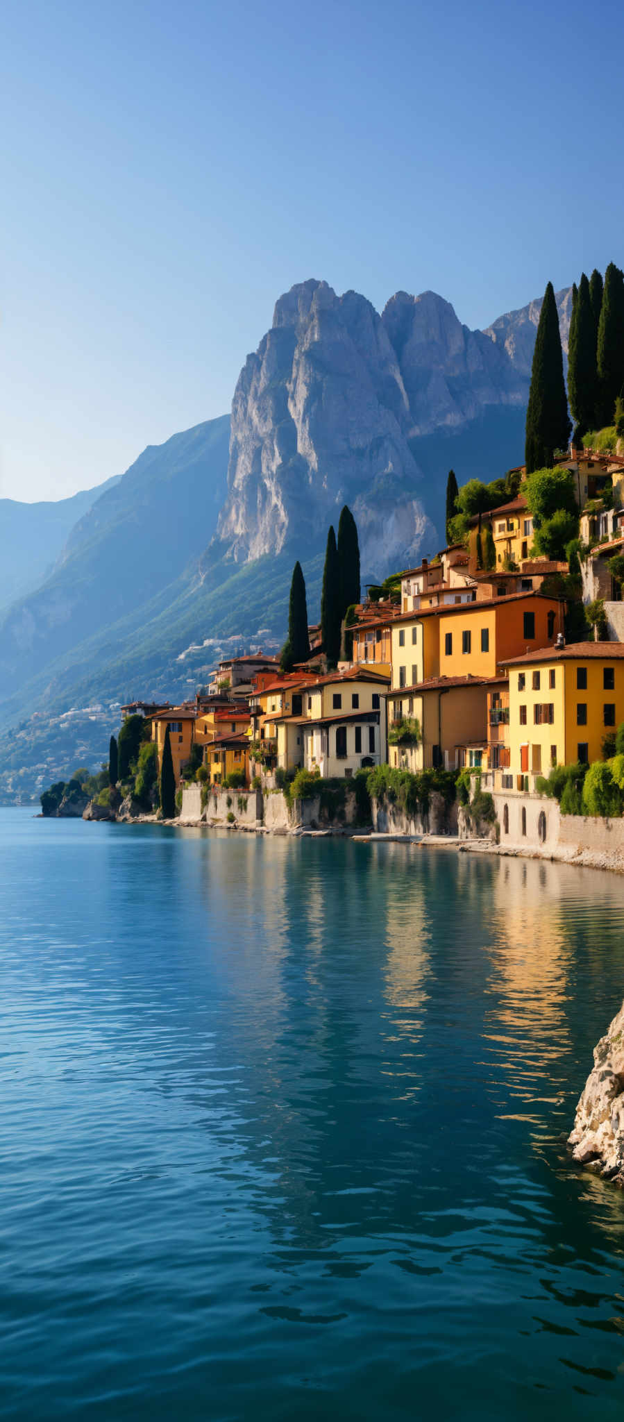 A picturesque village with a lake in the foreground. The village is composed of buildings painted in vibrant colors including yellow orange and green. These buildings are nestled on a hillside creating a cascading effect down to the water. The lake a deep blue is surrounded by lush greenery adding to the serene atmosphere. In the distance majestic mountains rise against the horizon their peaks touching the clear blue sky. The image captures the tranquil beauty of this village making it a perfect representation of a peaceful lakeside community.