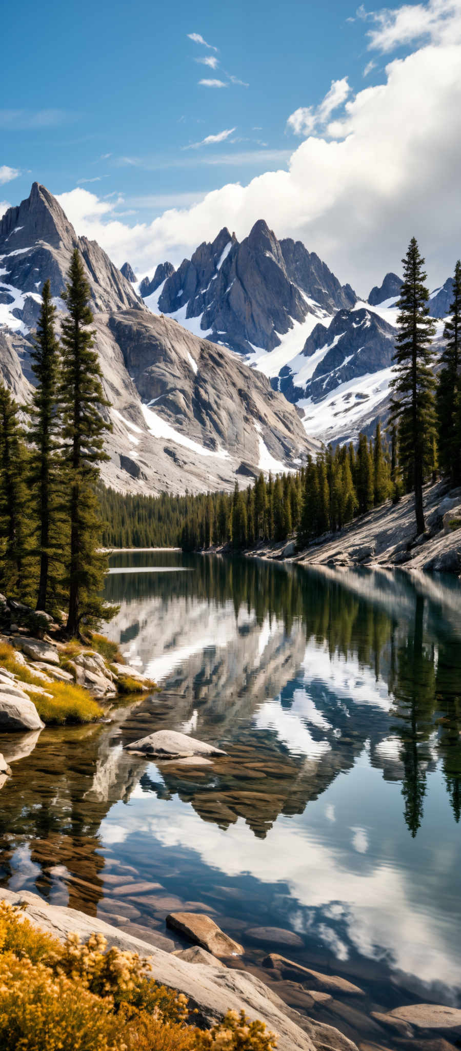 A serene mountain landscape with a lake in the foreground. The lake is surrounded by trees and rocks and the mountains in the background are covered in snow. The sky is clear and blue and there are no clouds visible. The image is taken from a high vantage point providing a panoramic view of the landscape. The colors in the image are vibrant with the green of the trees contrasting with the blue of the sky and the white of the snow. There are no people or animals visible in the photo. The photo appears to be taken during the day as the lighting is natural and bright. The mountains are located in the distance beyond the lake and the trees. The trees are located around the lake and some are also visible on the rocks. The rocks are scattered around the edge of the lake. The snow on the mountains is white and appears to have been recently fallen as it is still visible on some of the peaks. The blue sky is mostly clear with no clouds or other obstructions visible.