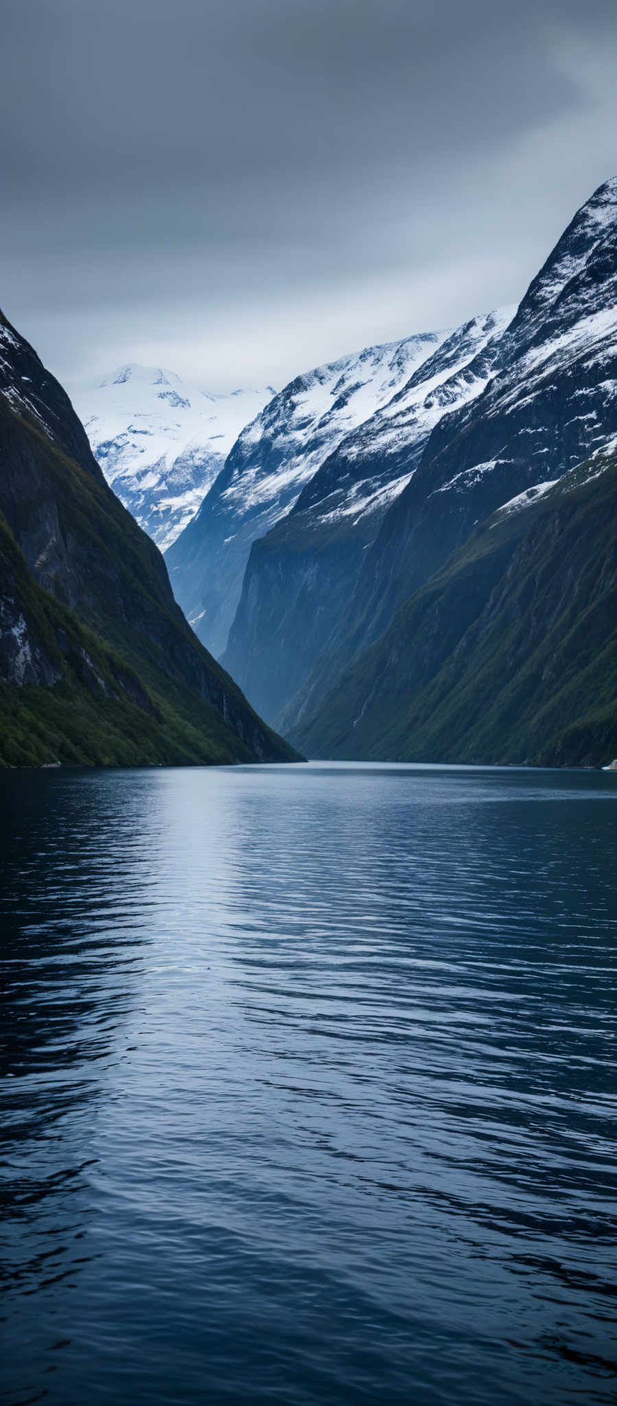 A serene mountainous landscape with a deep blue lake in the foreground. The mountains are covered in snow and the sky is clear. The lake is calm and still reflecting the surrounding scenery. The image captures the beauty of nature in its purest form.