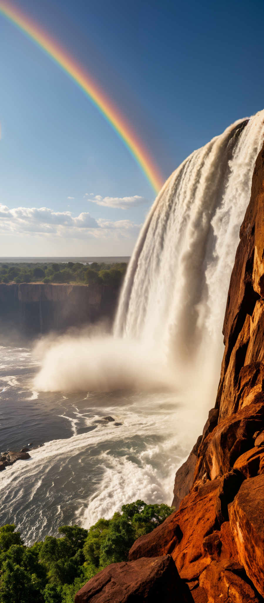 A waterfall cascades down a rocky cliff into a body of water.