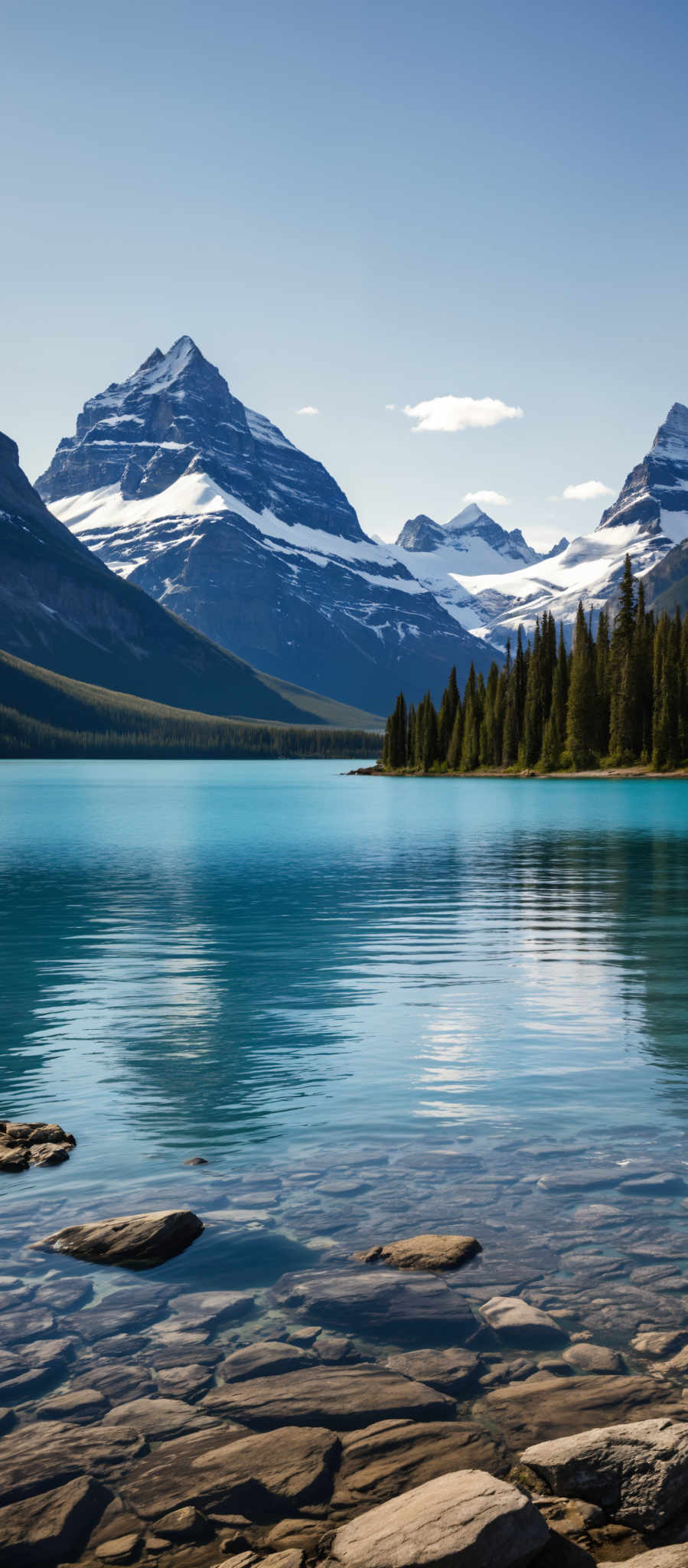 A serene mountainous landscape with a deep blue lake in the foreground. The mountains are covered in snow and the sky is clear. The lake is surrounded by trees and there is a small island in the center. The image is taken from a low angle giving a sense of grandeur to the mountains. The colors in the image are vibrant with the blue of the lake contrasting with the green of the trees and the white of the snow. The perspective of the photo gives a sense that the viewer is standing at the edge of the water looking out at the lake and the mountains beyond. The overall scene is peaceful and beautiful with a sense or tranquility.