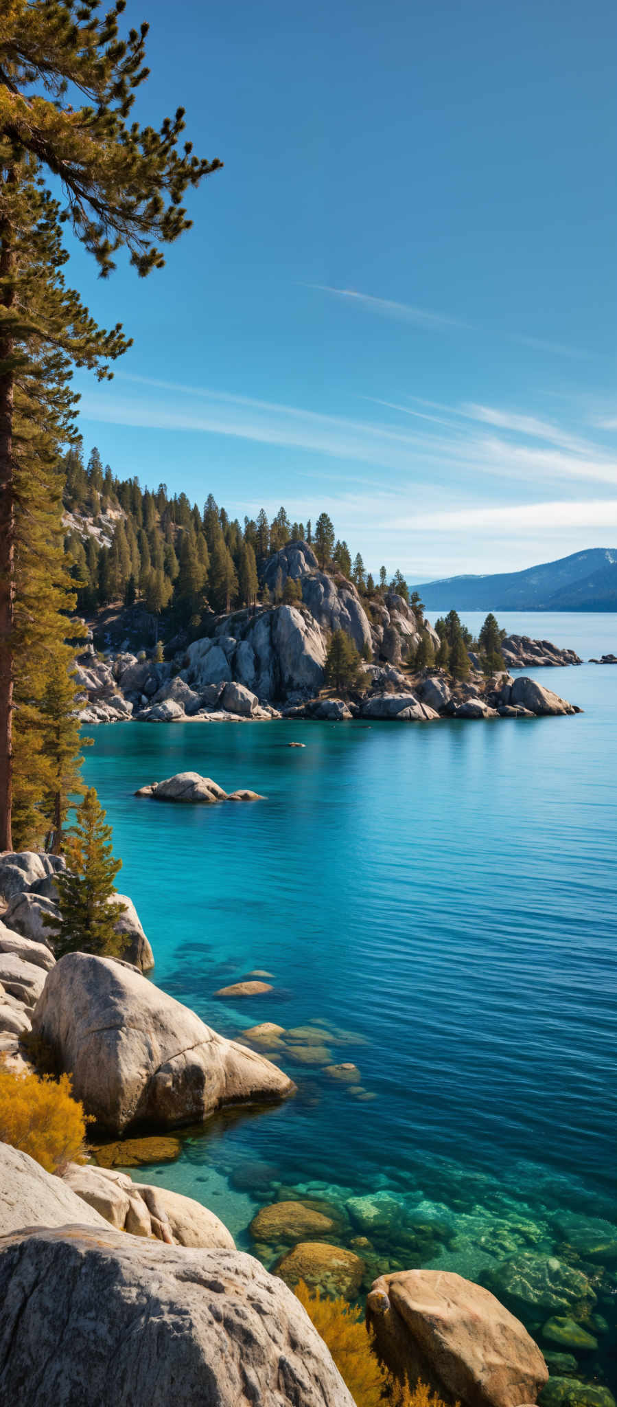 A serene lake surrounded by rocks and trees.