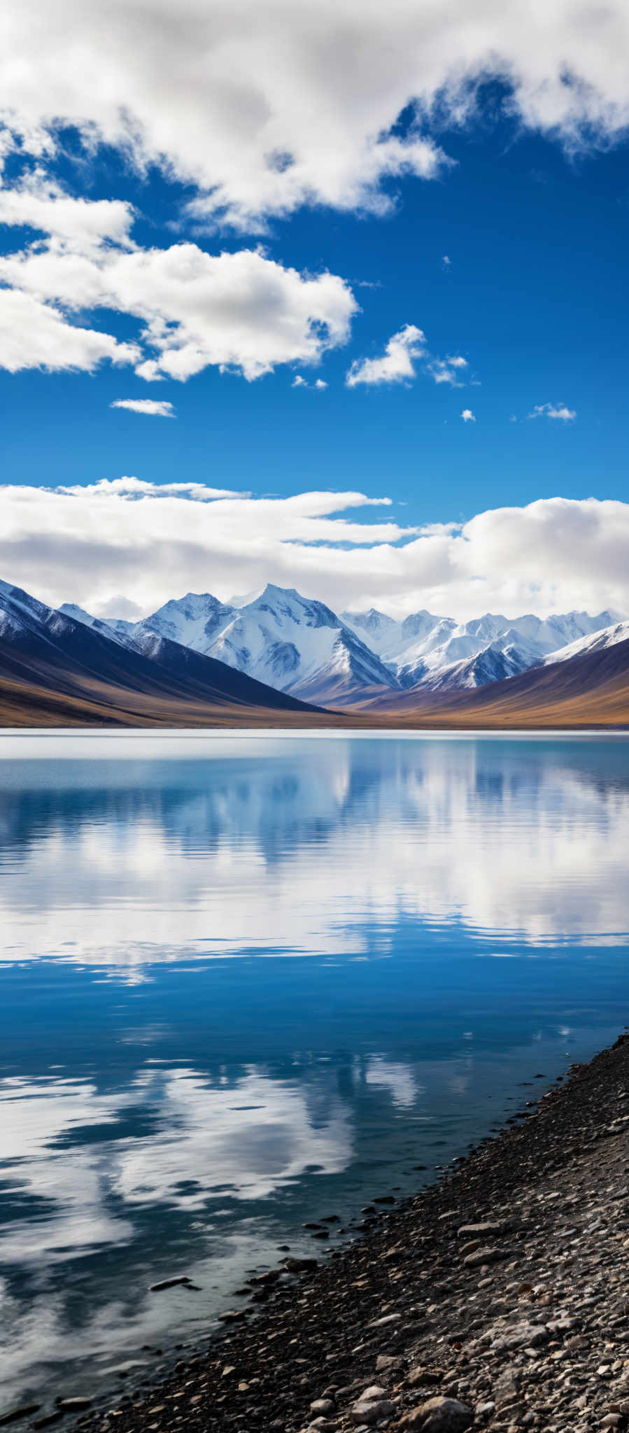 A serene mountain landscape with a clear blue sky. The mountains are covered in snow and the sky is a beautiful shade of blue. The water is calm and clear reflecting the sky and the mountains. The image is taken from a distance giving a wide view of the landscape. The colors in the image are vibrant and the lighting is bright making the scene look peaceful and inviting. The sky is clear with a few clouds scattered in the distance. The snow on the mountains is white and appears to be fresh. The blue of the water is deep and clear. The landscape is vast and open with no other objects or people visible in the photo. The photo is taken during the day under natural lighting. The overall mood of the photo is calm peaceful and serene. The landmark in the background is not identifiable from the image alone. The location of the landmark is not specified in the description. The description does not include any text or other elements that could provide additional information about the landmark. The focus of the description is on the natural beauty of the scene rather than the specific location or name of the mountain range. The mountain range is not clearly identifiable from this image alone and the description does