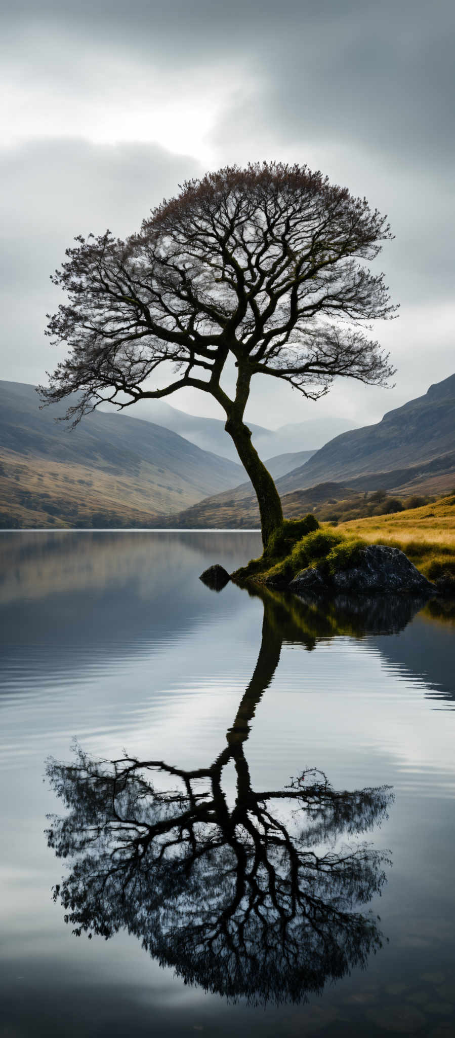 A serene scene of a tree reflected in a lake. The tree with its twisted branches stands on a rock in the center of the lake. It is surrounded by a field of yellow flowers. The lake is calm with the tree's reflection clearly visible on the water's surface. In the background there are mountains with a foggy appearance. The sky is overcast adding to the peaceful atmosphere of the scene.