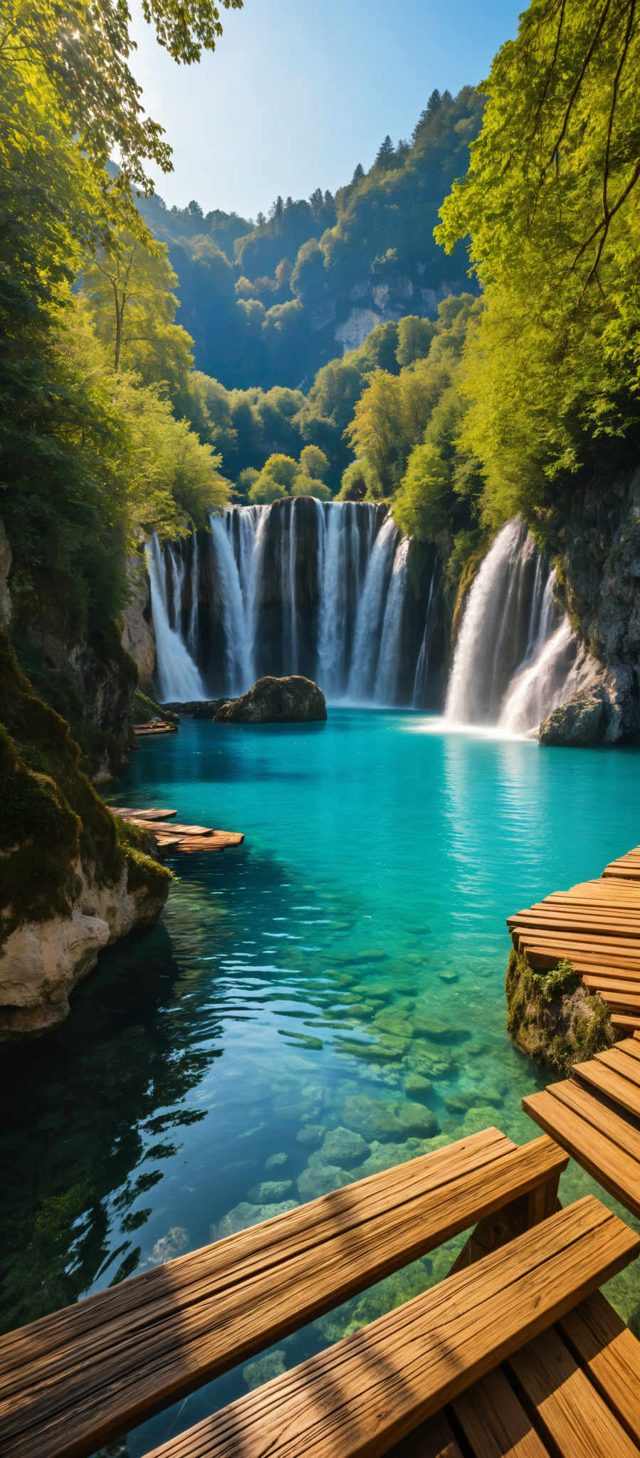 A serene scene of a waterfall cascading into a bright blue lake. The waterfall is surrounded by lush greenery and a wooden walkway on the right side of the photo. The water is crystal clear allowing the rocks beneath to be visible. The sky is a light blue color adding to the tranquility of the scene. The photo is taken from a high angle providing a bird's eye view of the waterfall and the lake.