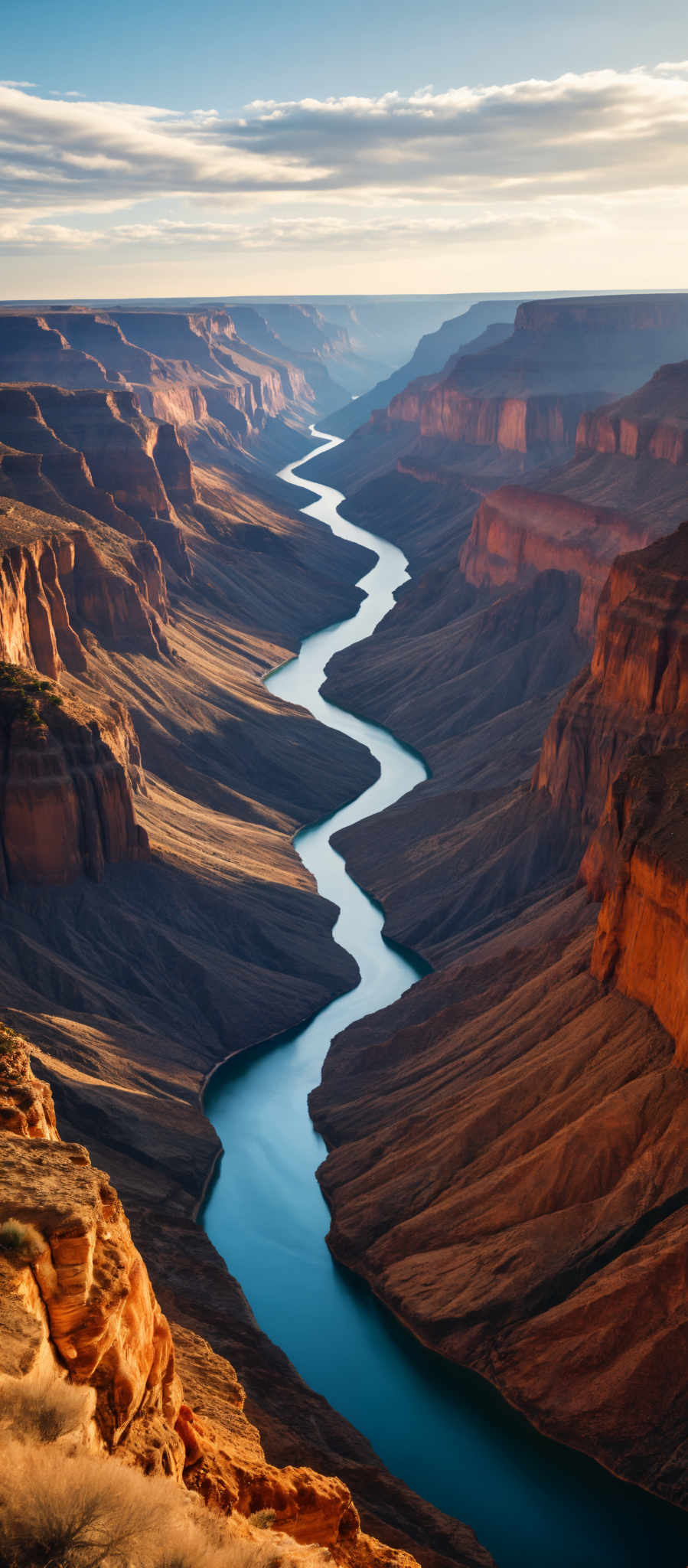 A winding river cuts through a canyon its light blue waters contrasting with the surrounding red and brown hues. The river appearing almost like a vein of life in the rocky terrain is the central focus of the scene. It meanders through the canyon disappearing into the distance creating a sense of mystery and adventure. The canyon walls a mix of red and orange rise steeply on either side of the river their rugged surfaces a testament to the relentless power of nature. The image captures the raw beauty and majesty of the natural world with the river's light blue color standing out against the warm tones of the canyon.