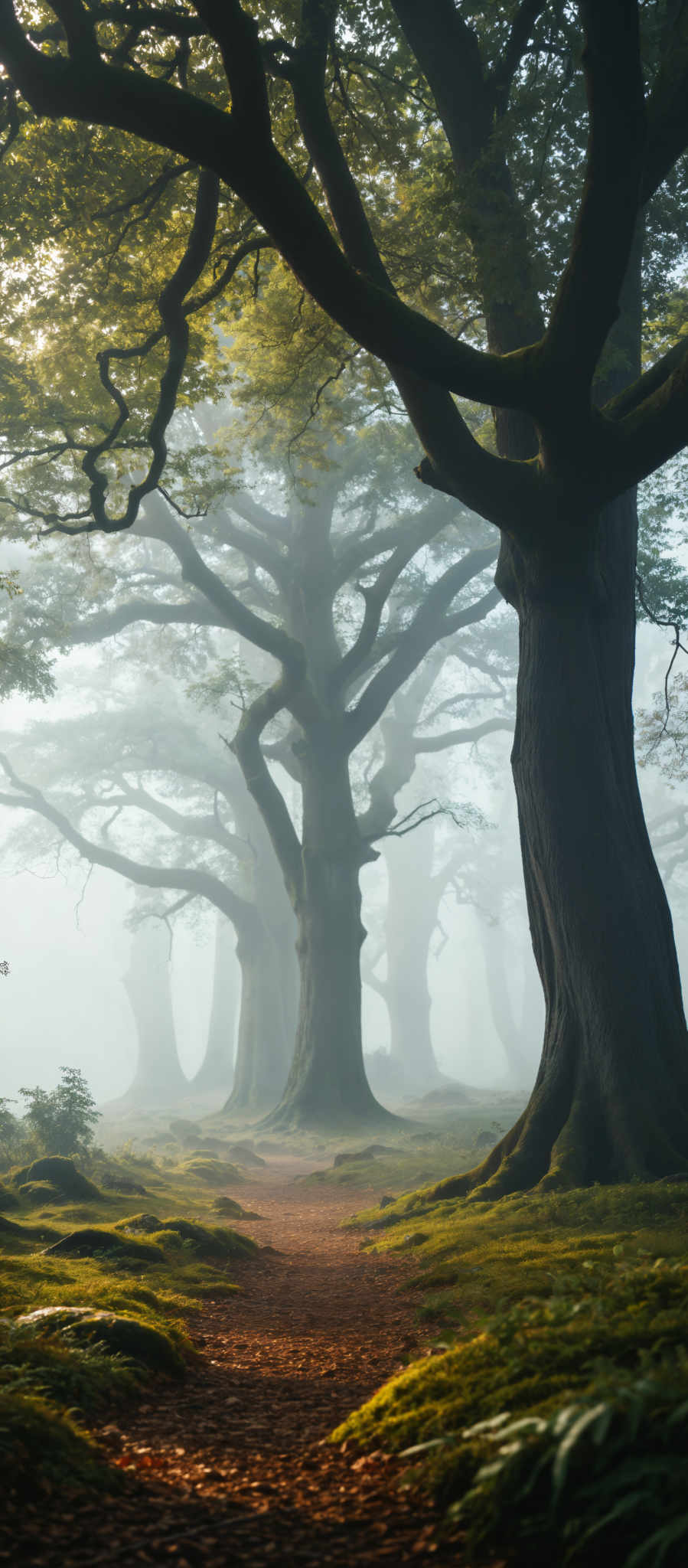 A foggy forest with tall trees and a misty atmosphere.