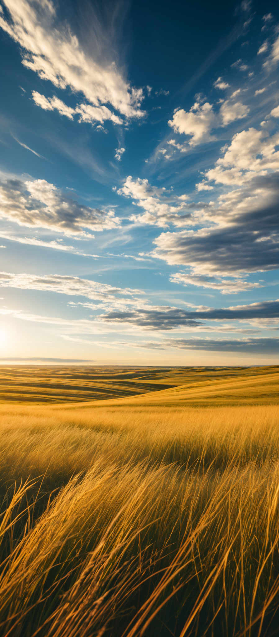 A vast open field of golden wheat under a blue sky with a few clouds.