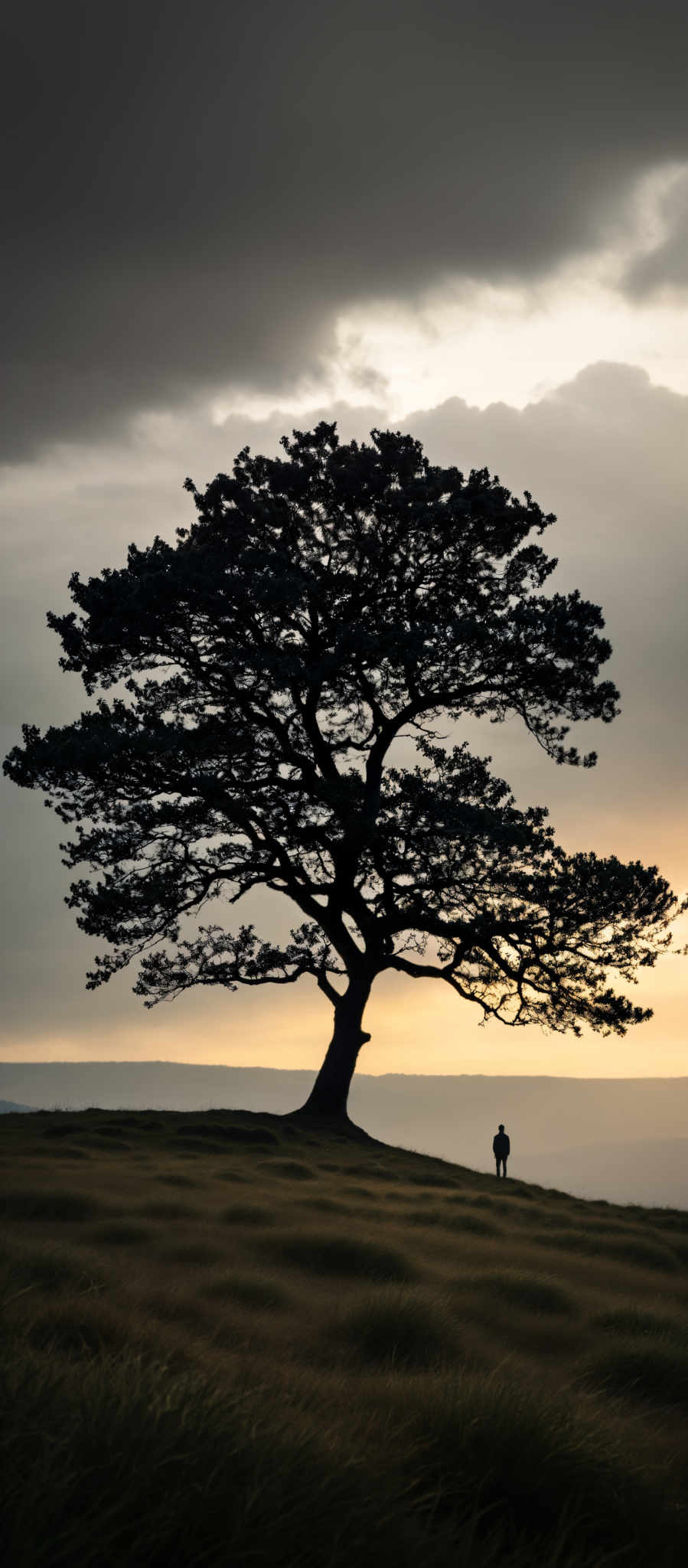 A large tree with a thick trunk and many branches. The tree is surrounded by a field and a body of water. The sky is cloudy and the sun is setting casting a warm glow on the scene.