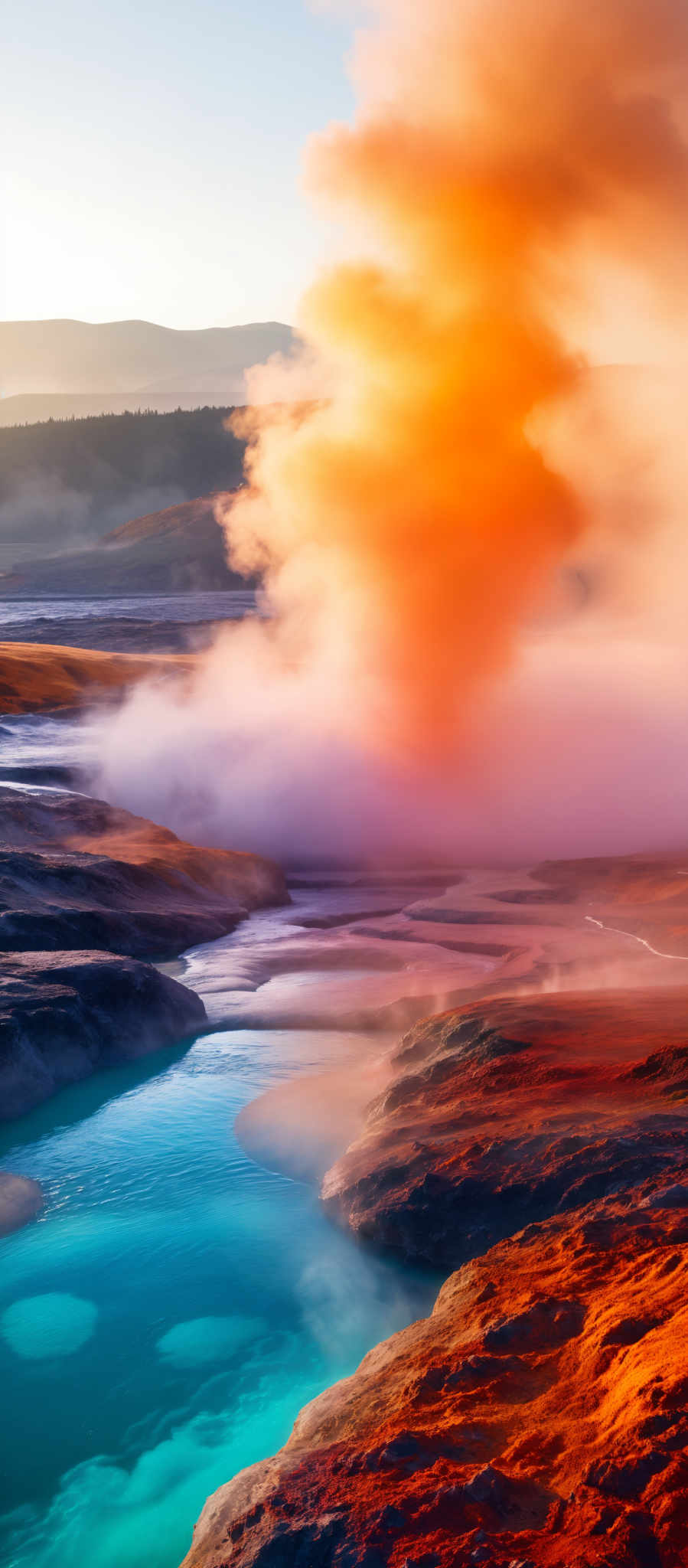 A beautiful view of a river with a waterfall and a large cloud of smoke coming from it. The river is blue and the waterfall is red. The sky is orange and the mountains are brown.