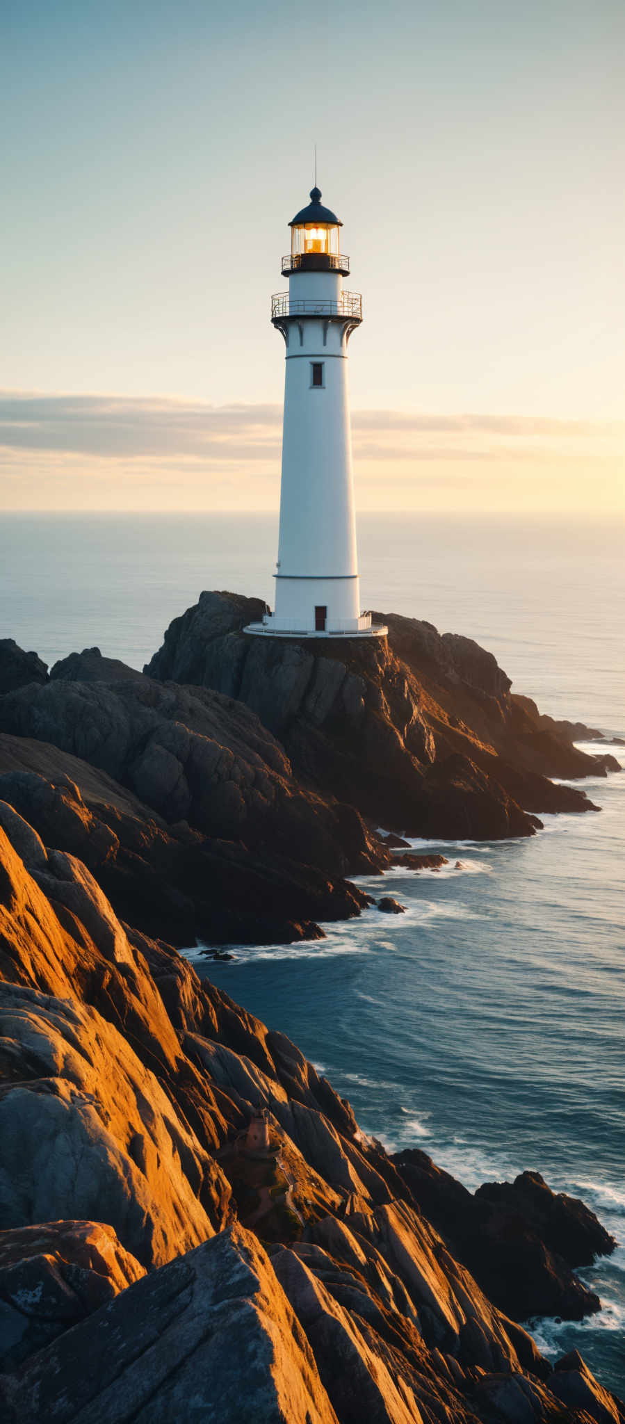 A lighthouse stands on a rocky outcropping in the ocean.