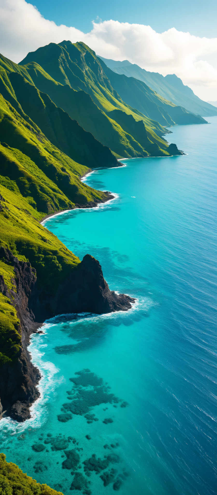 A beautiful view of a mountainous coastline with a turquoise ocean.