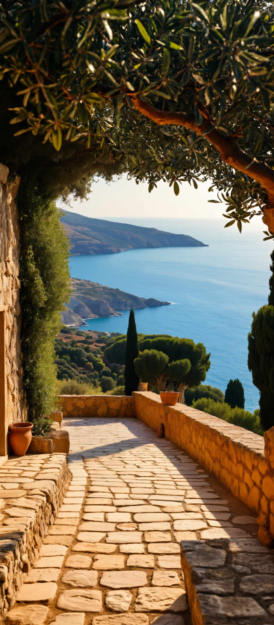 A picturesque view of the Mediterranean Sea from a balcony. The balcony is adorned with potted plants and a stone railing. The sea is a deep blue contrasting with the rocky coastline. The sky is clear and the sun is shining brightly casting a warm glow on the scene. The image captures the serene beauty of the sea and the rugged charm of the coastline. It's a perfect representation of the tranquil Mediterranean lifestyle.