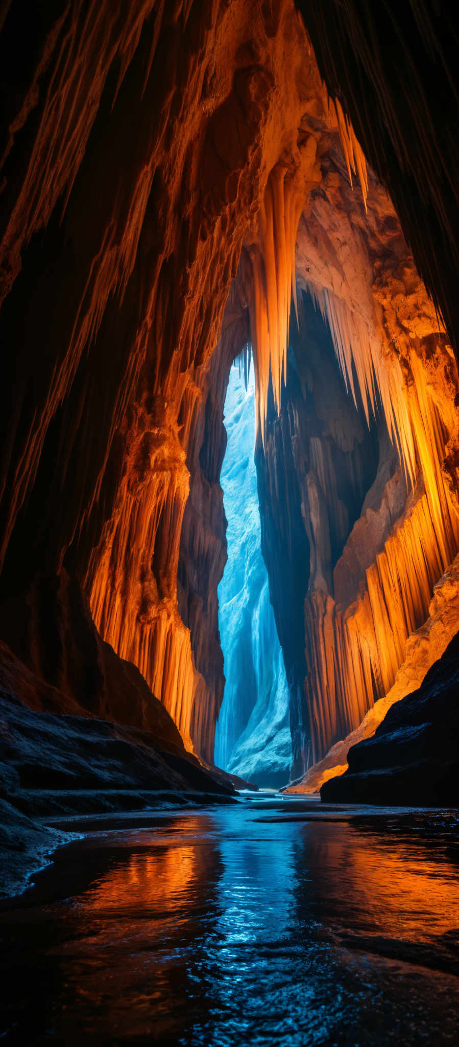 A cave with a bright blue waterfall in the center.