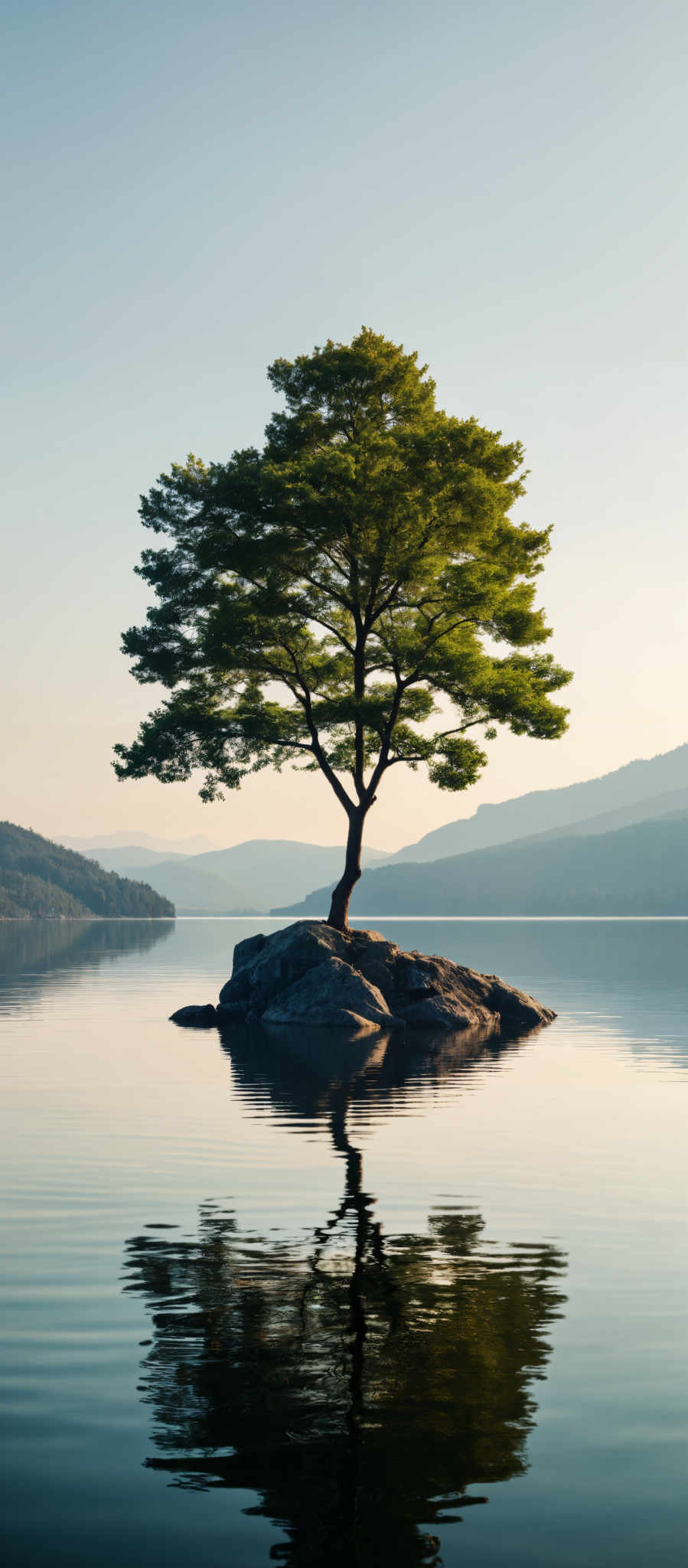 A tree stands on a rock in the middle of a lake.