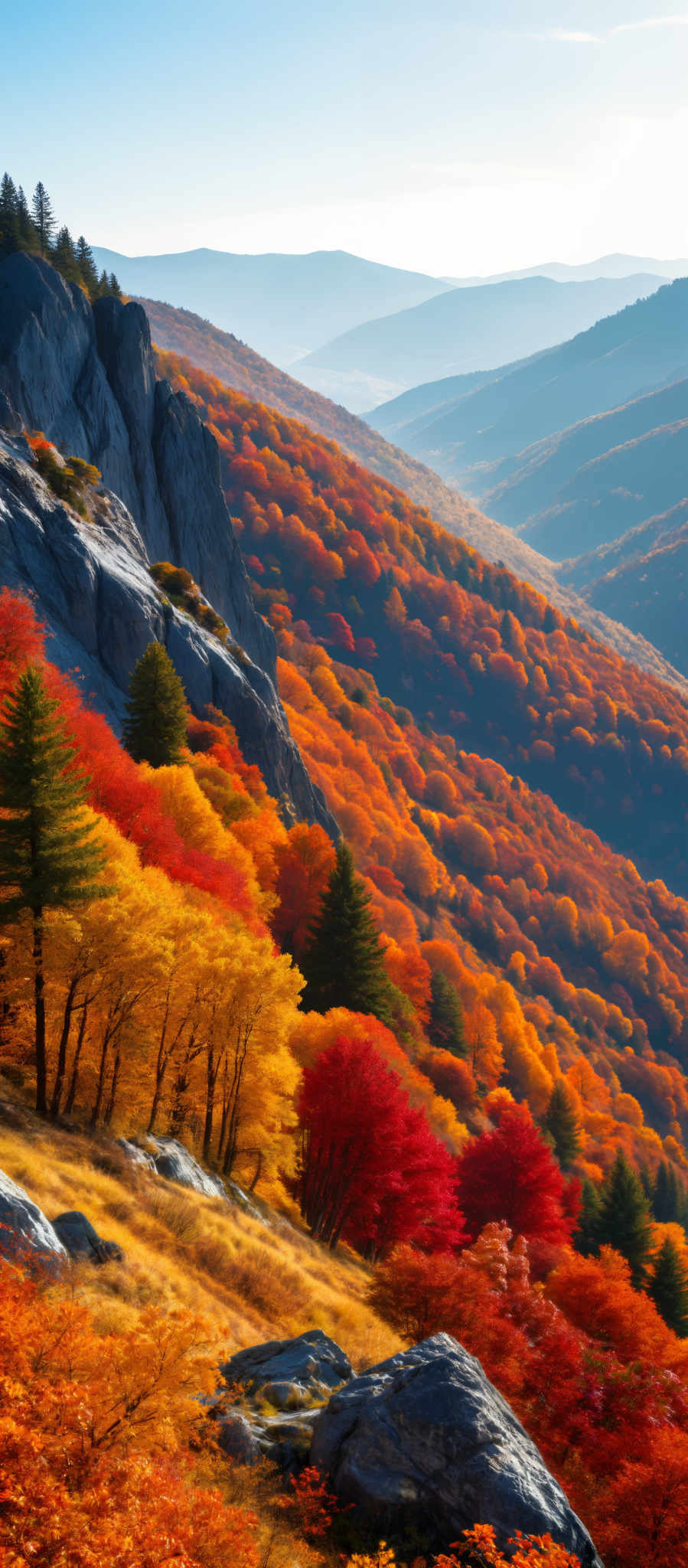 A mountain covered in trees with autumn colors.