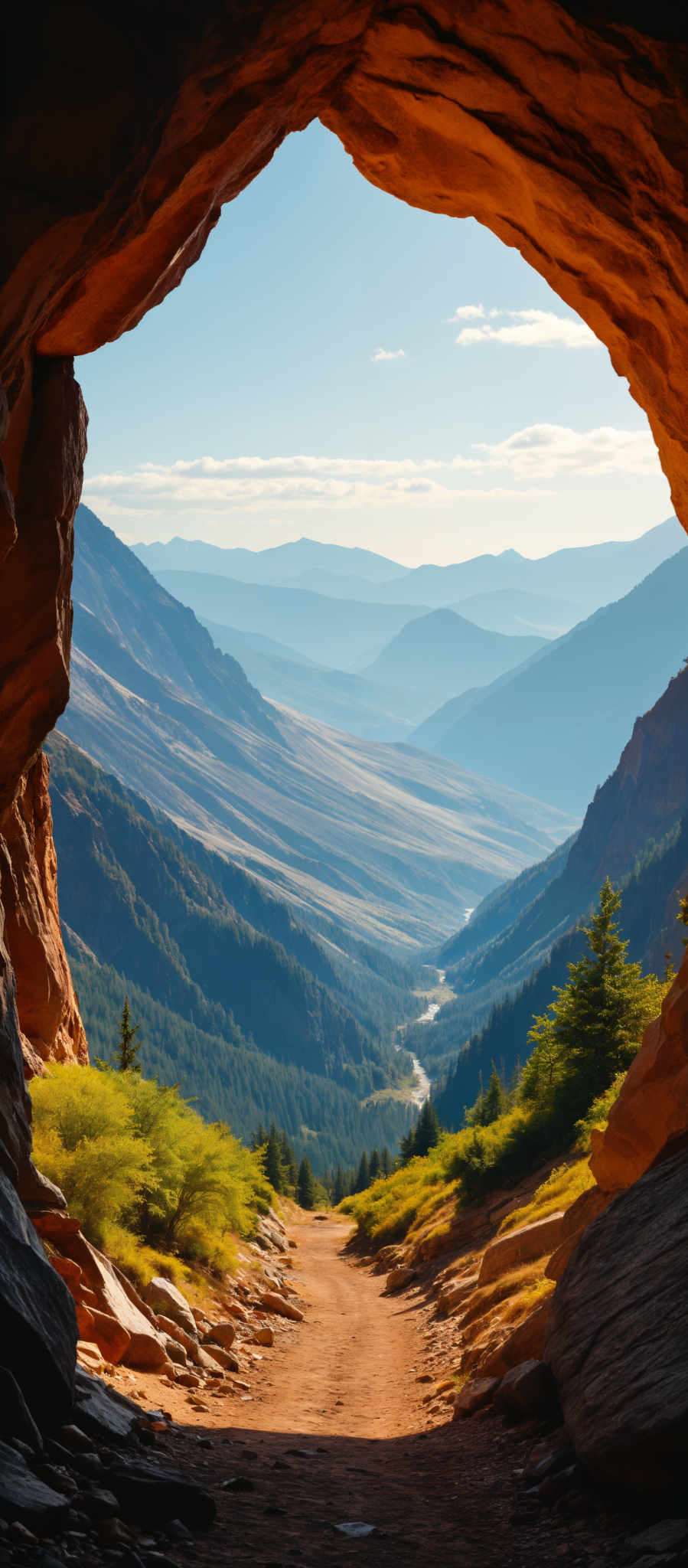 A breathtaking view of a mountainous landscape with a river flowing through the center. The mountains are covered in lush green trees and the sky is a clear blue. The image is taken from a high vantage point providing a panoramic view of the valley below. The colors in the image are vibrant and the lighting is natural highlighting the beauty of the scene. The river which is the main feature of the landscape is surrounded by trees and mountains creating a serene and tranquil atmosphere. The sky above is clear and blue adding to the overall beauty of this picturesque landscape.