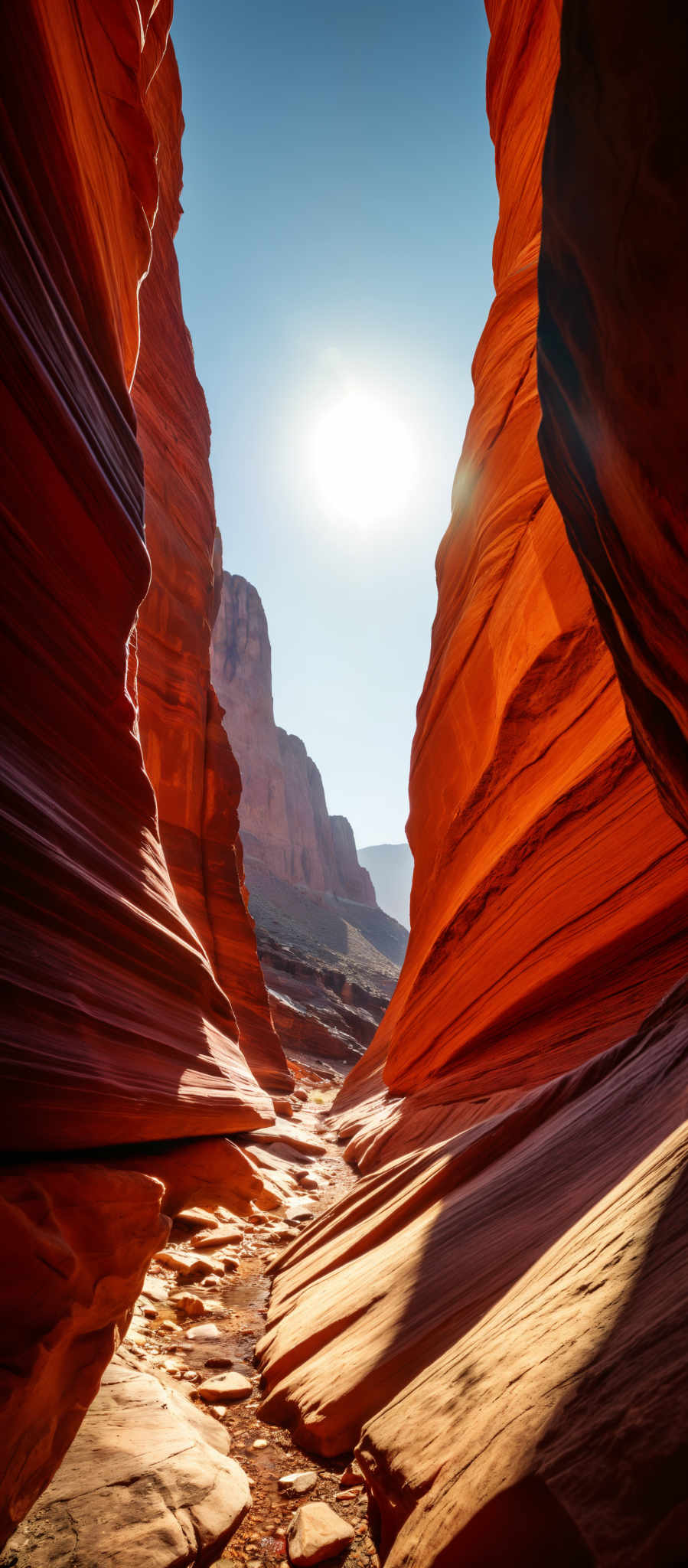 A canyon with red rock walls and a clear blue sky.