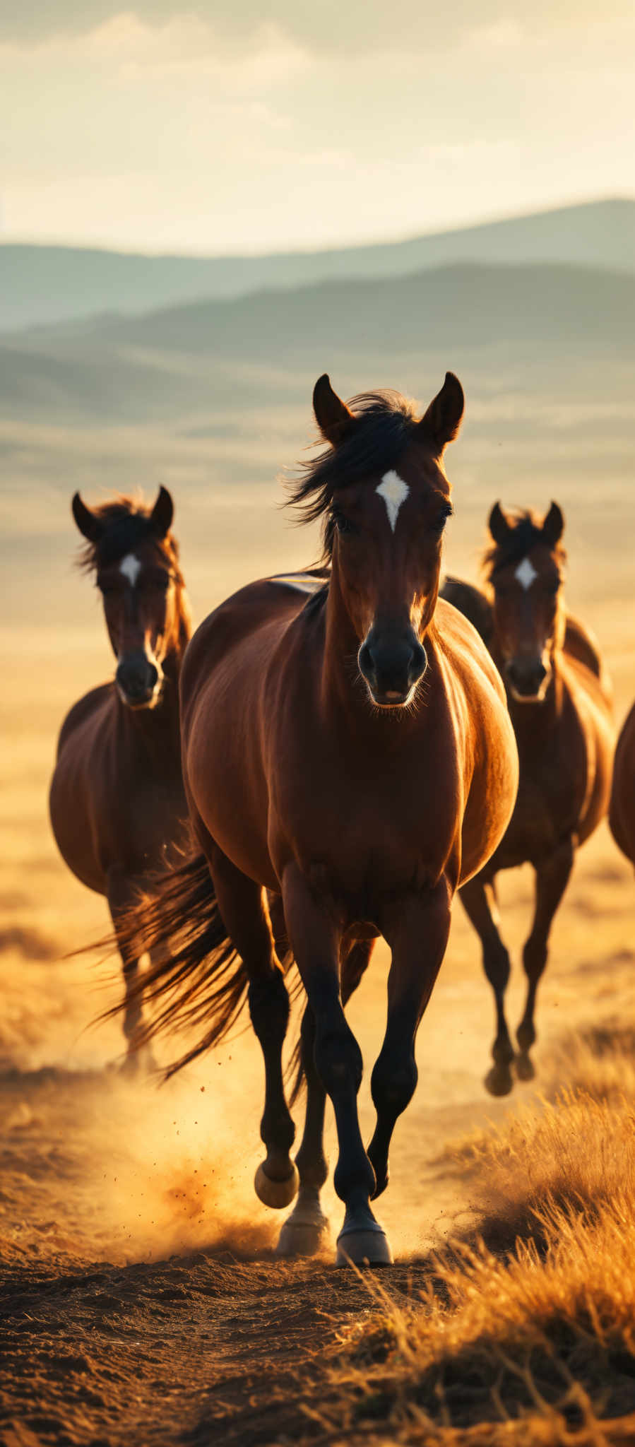 Three brown horses galloping in a field.