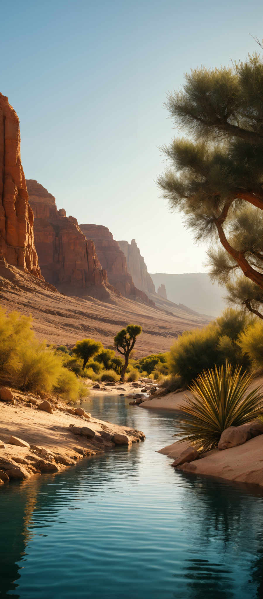 A serene desert landscape with a river flowing through it. The river is surrounded by lush green vegetation and towering red rock formations. The sky above is a clear blue adding to the tranquility of the scene. The image captures the beauty and vastness of the desert with the river providing a stark contrast to the arid surroundings. The red rock cliffs add a touch of drama to the landscape their rugged surfaces hinting at the geological forces that have shaped them over time. The green vegetation along the river is a testament to the resilience of life in even the harshest of environments. The blue sky above completes the picture its clear expanse suggesting a calm peaceful day. The perspective of the photo gives a sense of depth and scale emphasizing the grandeur of the landscape. The colors in the photo are vibrant and natural from the red of the rocks to the green of the vegetation and the blue of the sky and river. The photo is a beautiful representation of the natural world capturing the essence of the American Southwest.