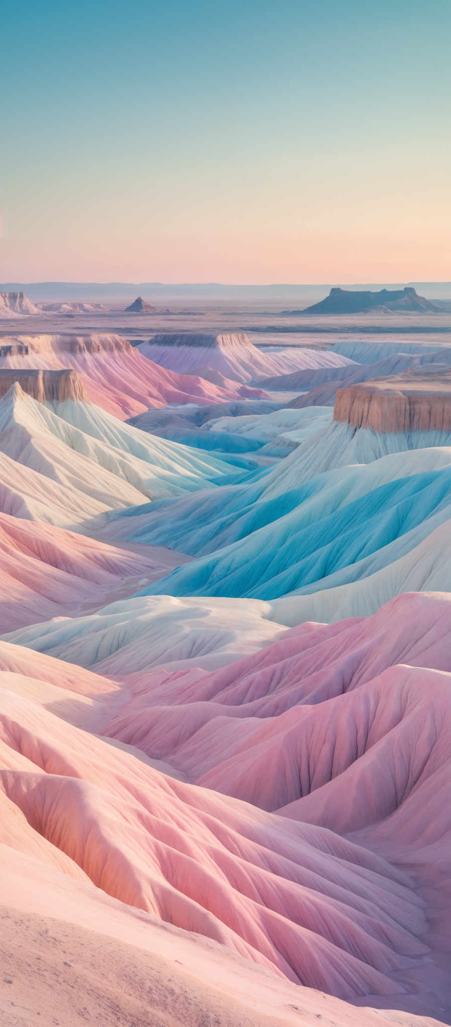 A beautiful landscape with a mountain range in the background. The foreground is filled with a desert-like area with sand dunes in shades of pink blue and purple. The mountains in the distance are a mix of brown and gray with a few patches of green vegetation. The sky above is a clear blue with no clouds visible. The image is taken from a high vantage point providing a panoramic view of the landscape. The colors of the sand dune are vibrant and stand out against the more muted colors of mountains and sky. The overall scene is serene and picturesque.