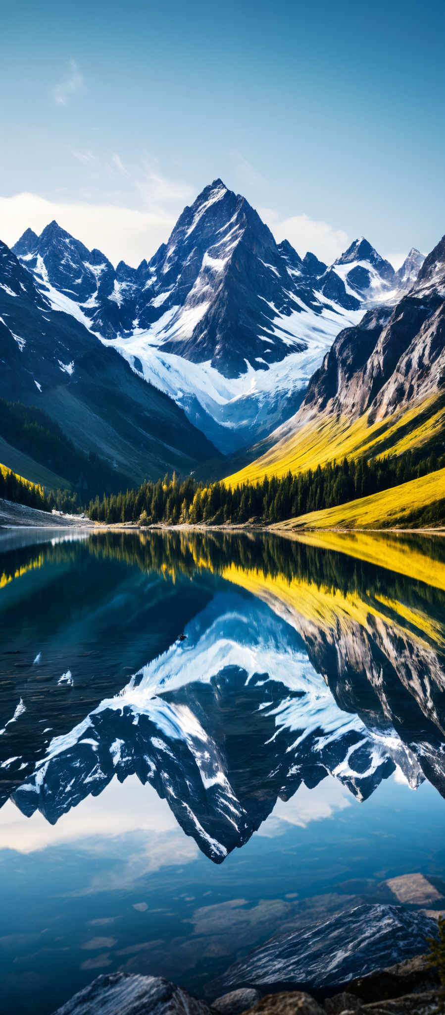 A serene mountain landscape with a lake in the foreground. The mountains are covered in snow and the sky is clear. The lake is calm and still reflecting the surrounding scenery. The colors in the image are predominantly blue green and white. The blue is from the sky and the lake the green is from trees on the mountains and the white is from snow on the peaks. The image does not contain any text or man-made objects. The relative positions of the objects are such that the lake is in the middle of the mountains and the trees are on the slopes of the mountain. The sky is above the mountains. The snow is on the highest peaks of the mountians. The trees are scattered throughout the mountainside. The calmness of the lake suggests that there is no wind or movement in the scene. The clear sky suggests that it is a bright and sunny day. The absence of any text suggests that this is a natural landscape and not a man-made one. The reflection of the trees in the lake adds depth to the image making it appear as if the mountains are reflected in the water. The stillness of both the lake and the mountains gives a sense of tranquility to the scene making the image a peaceful representation