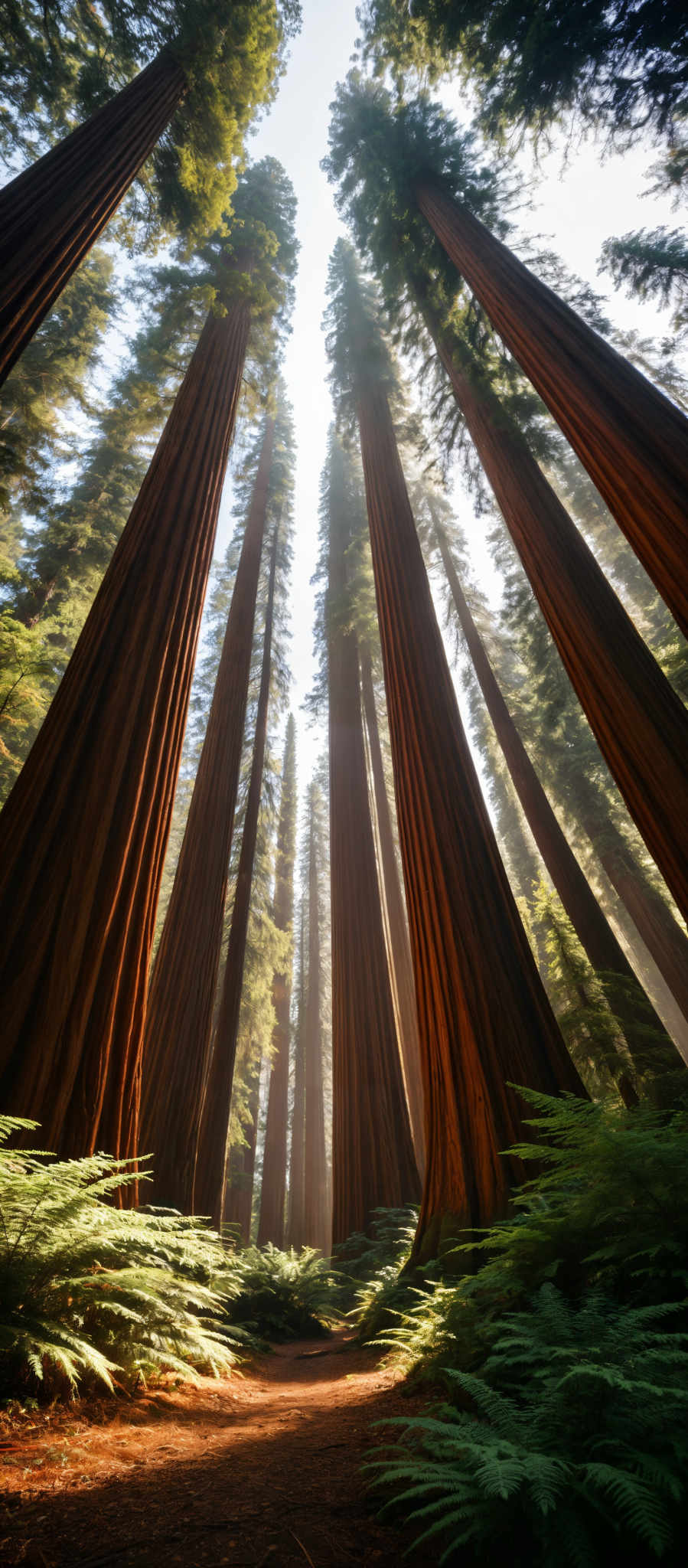 A forest of tall brown trees with green leaves.