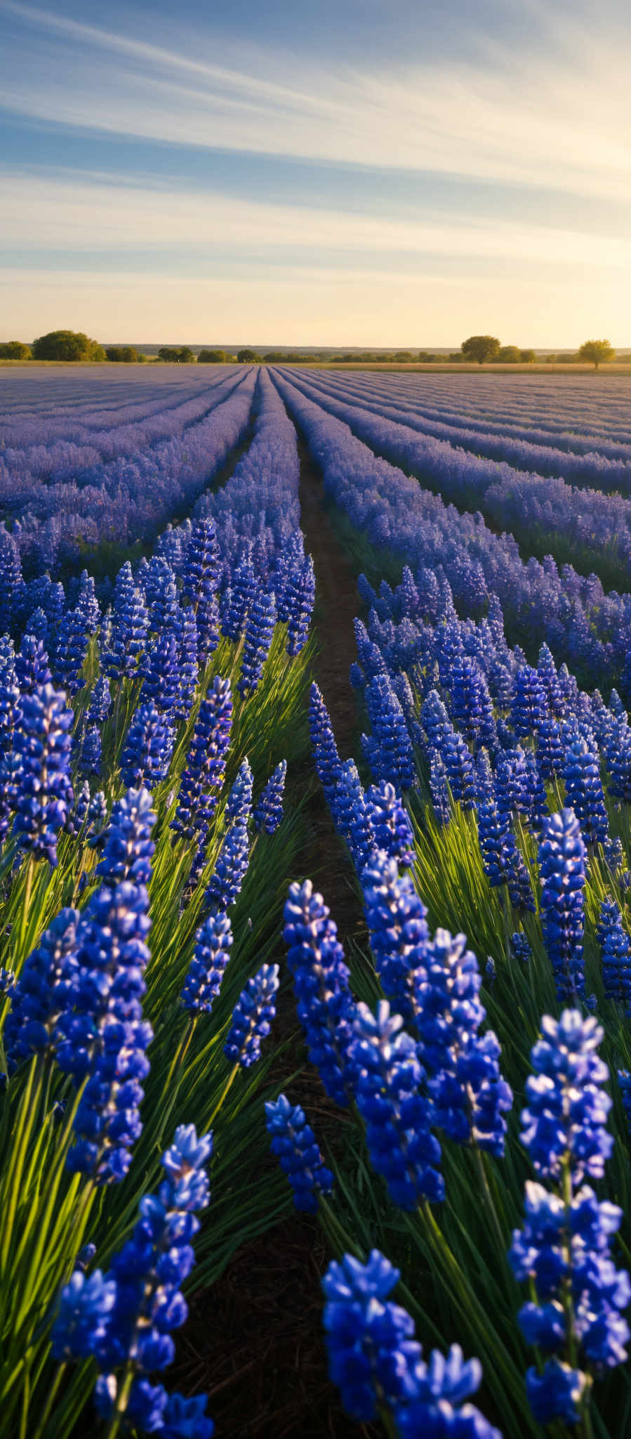 A field of blue flowers with a path in the middle.