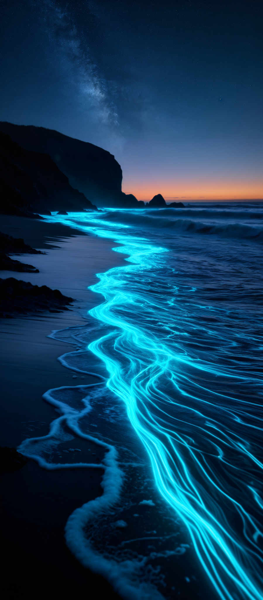 A beach at night with blue lights on the sand.