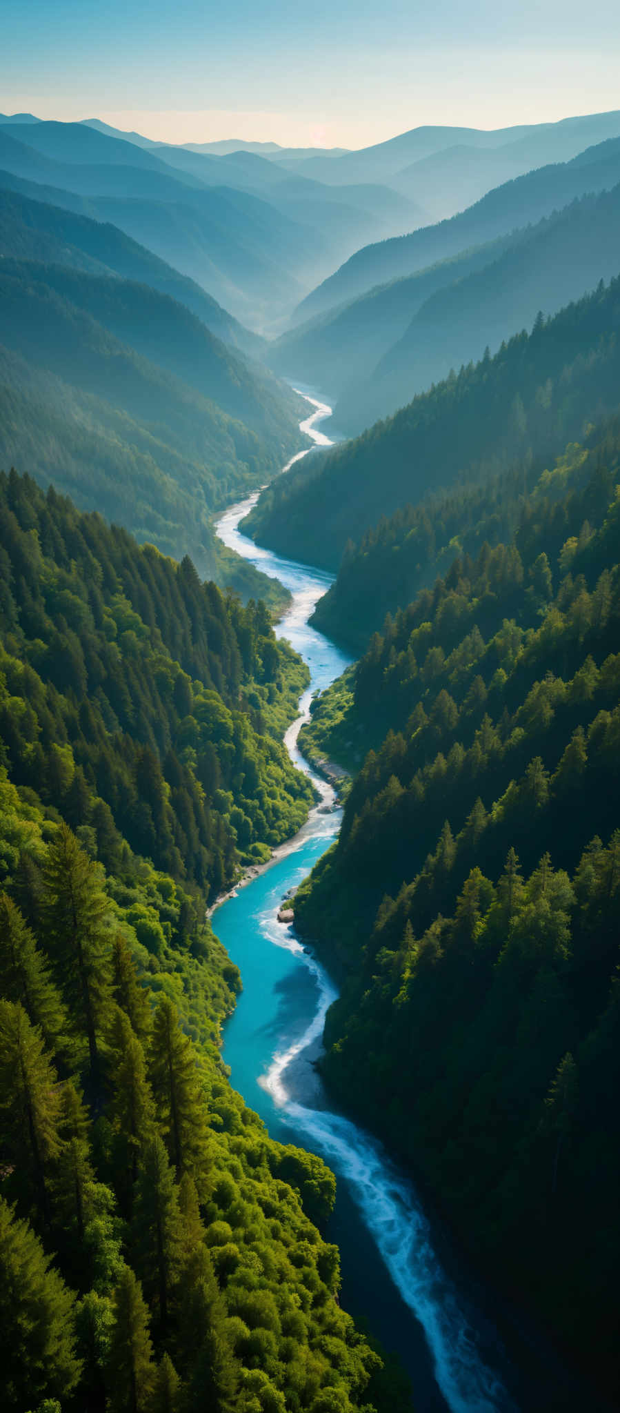 A beautiful river winds its way through a lush green forest. The river a vibrant shade of blue is surrounded by an abundance of green trees and foliage. The waterway is narrow with a rocky bottom and the river appears to be flowing from the top of the mountain to the bottom. The surrounding forest is dense with trees of various sizes and shapes. The sky above is a clear blue and there are no clouds visible. The image captures the serene beauty of nature with the river and forest as the main focus.