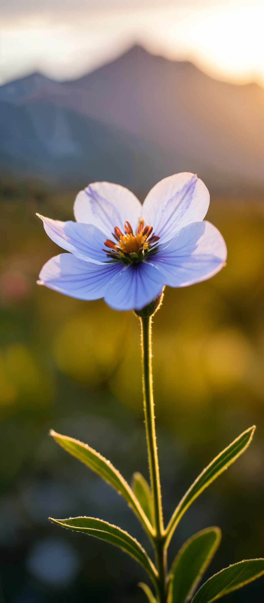 A blue flower with a yellow center.