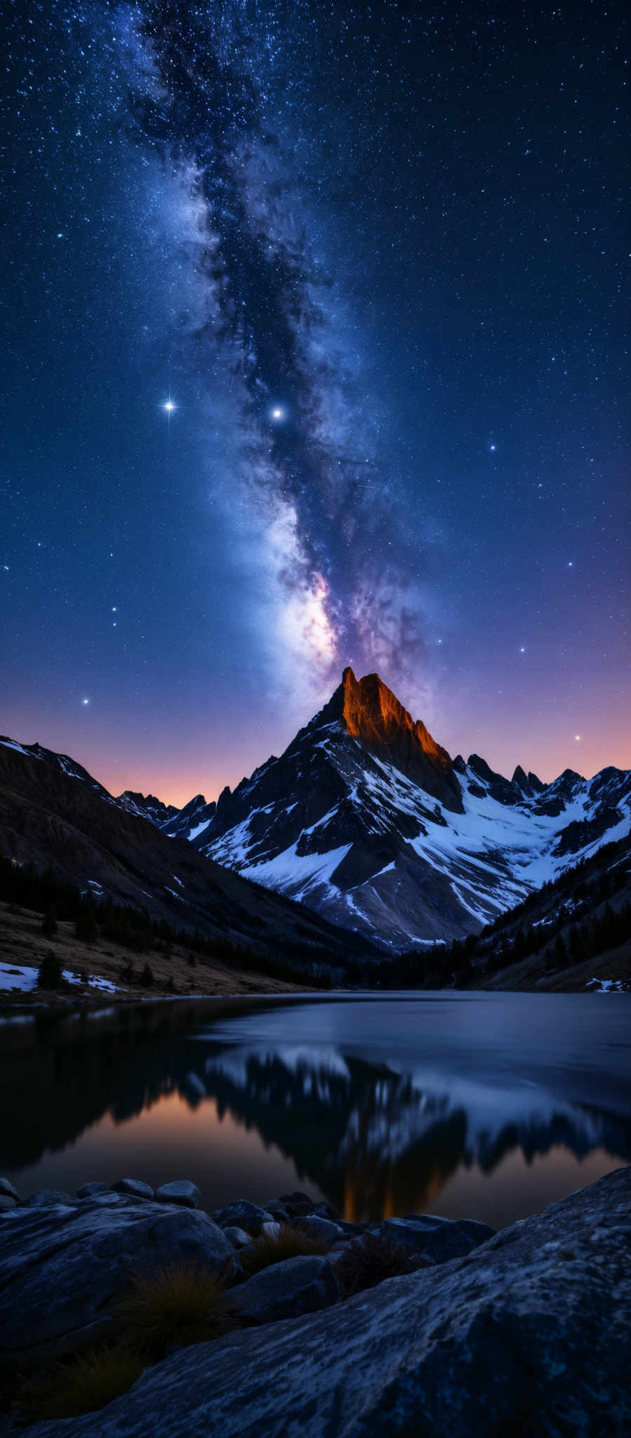 A mountain peak with a bright orange light on it.