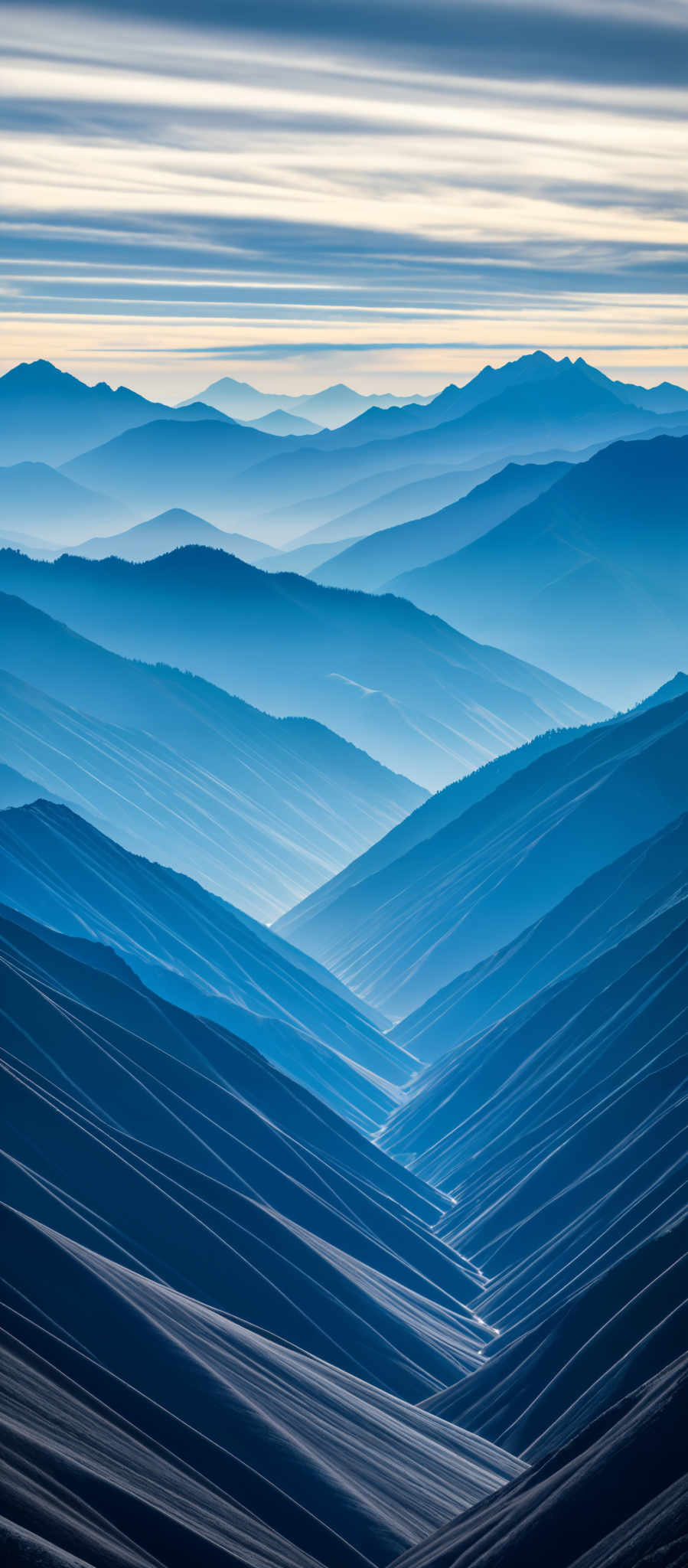 A beautiful mountain range with peaks of blue and white.