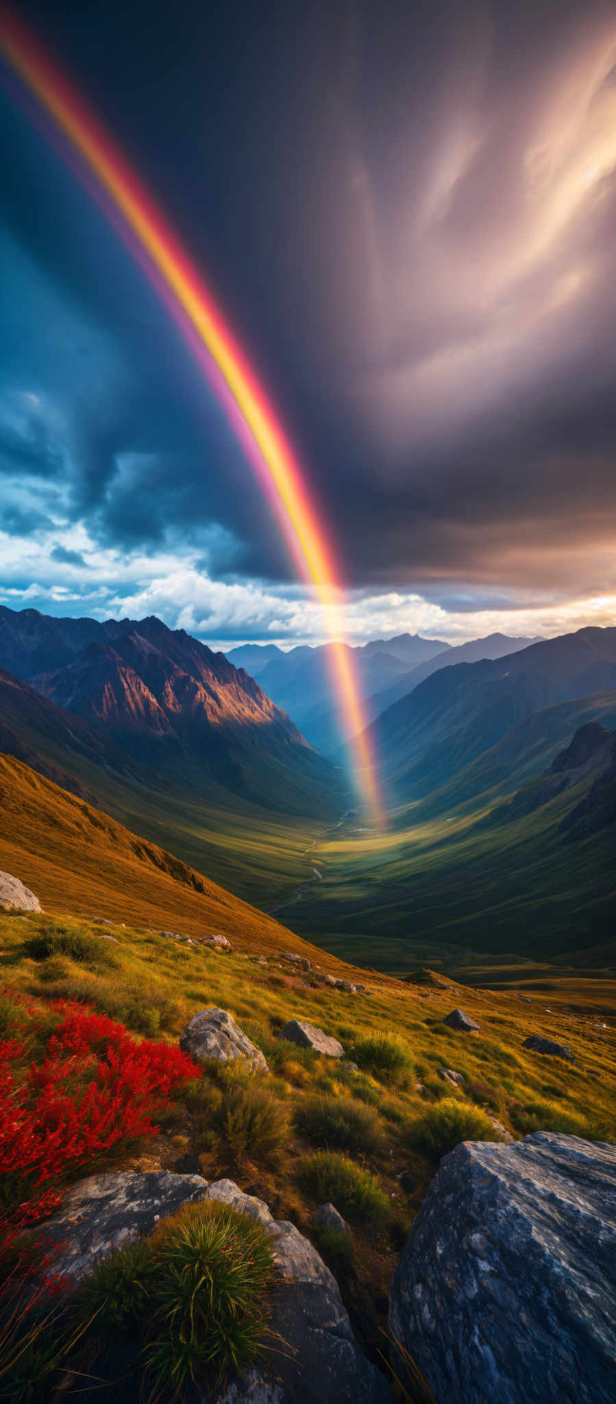 A rainbow is seen in the sky above a mountain range.