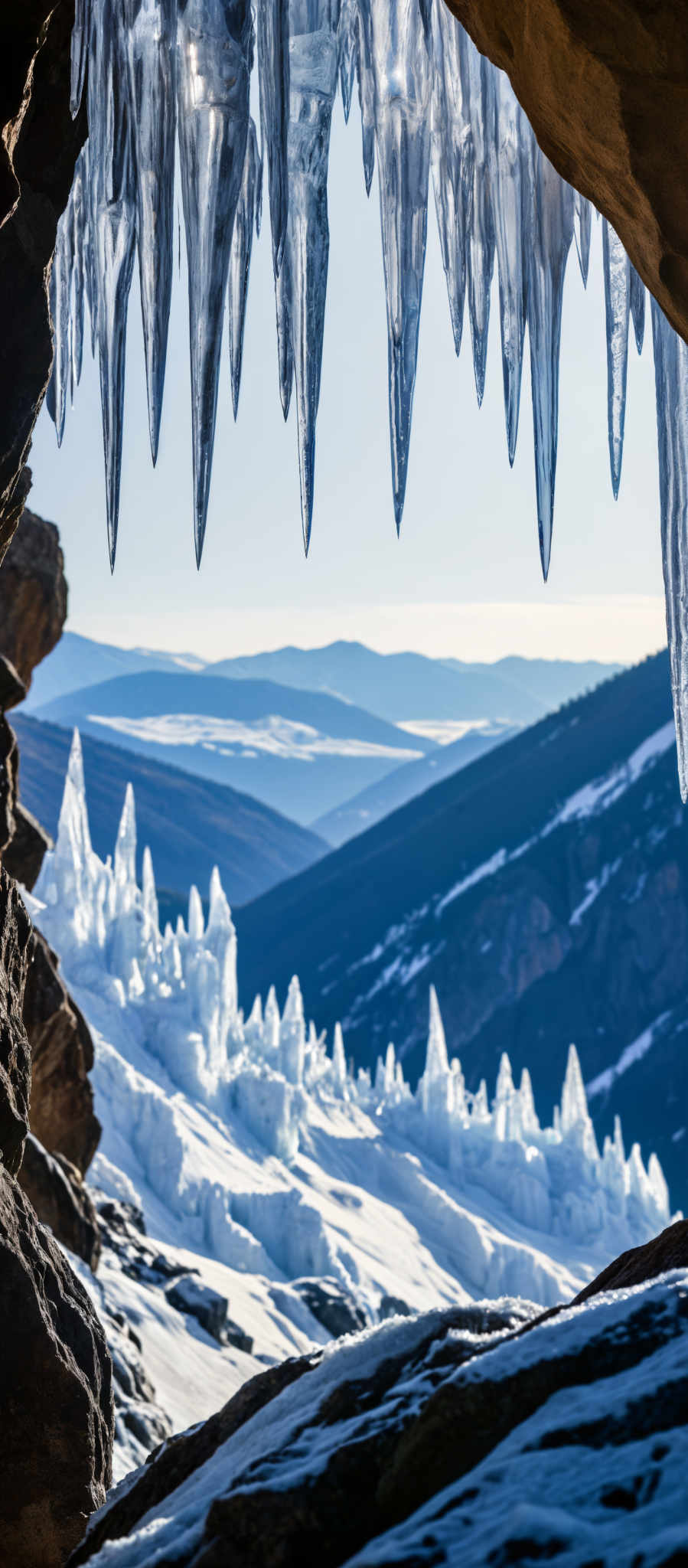 A breathtaking view of a mountain range with snow covered peaks. The mountains are bathed in sunlight creating a beautiful contrast with the clear blue sky above. The foreground is dominated by a rocky cliff its jagged edges adorned with icicles that glisten in the sunlight. The icicles hanging from the cliff add a touch of serenity to the otherwise rugged landscape. The image captures the raw beauty of nature with the snow-covered mountains the rocky cliff with icicle formations and the clear blue sky. It's a stunning representation of the natural world's majesty.