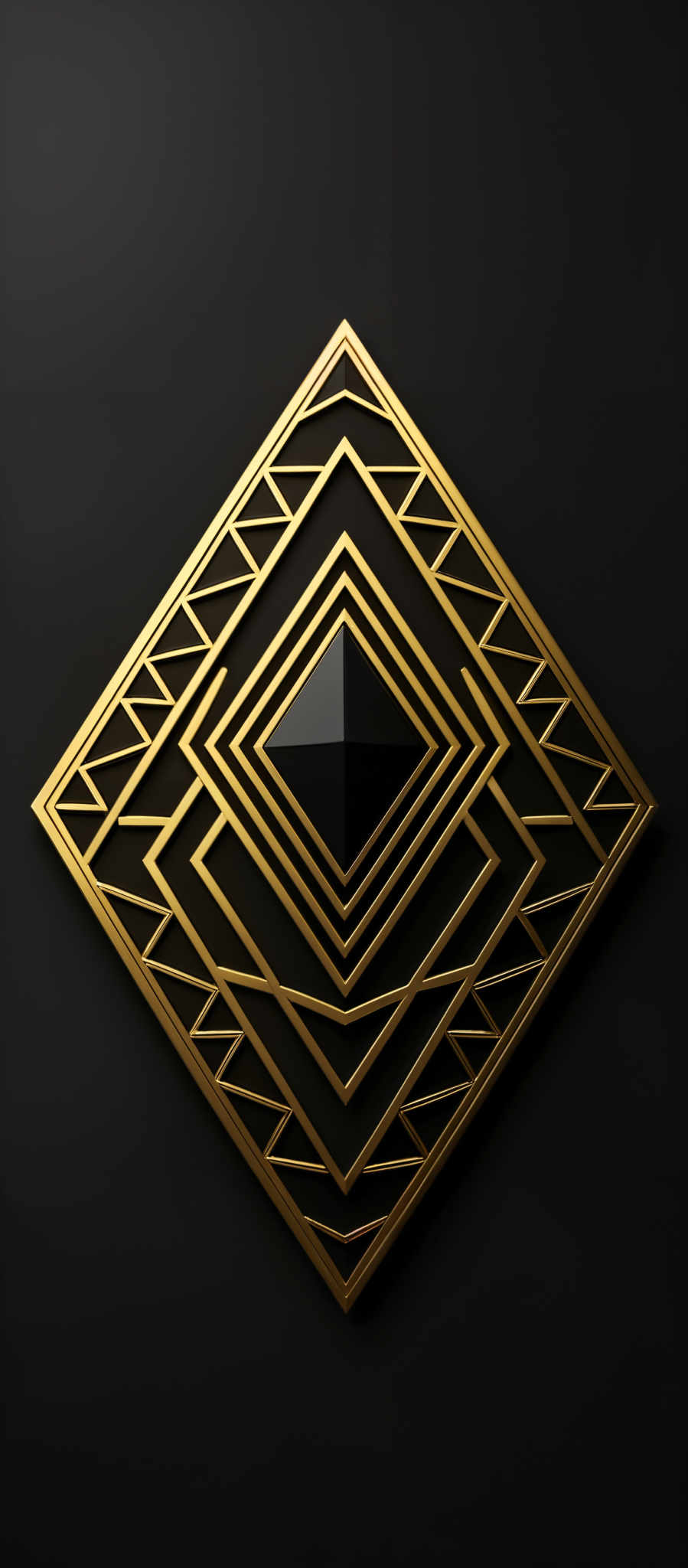 The image showcases a golden-colored, intricate geometric design against a dark background. The design consists of multiple concentric squares and triangles, forming a complex pattern. The center of the design has a darker, almost black, square which contrasts sharply with the surrounding golden elements.