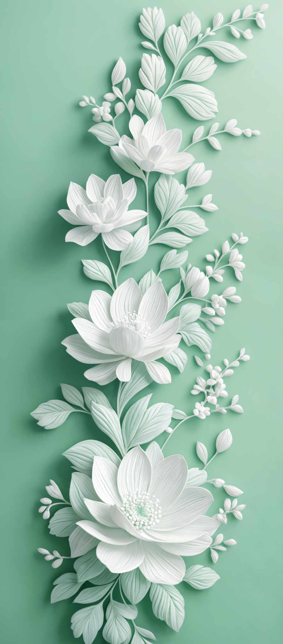 The image showcases a series of intricately designed white flowers and leaves against a soft teal background. The flowers have layered petals, with detailed centers that appear to be composed of small round elements. The leaves are slender and elongated, with a serrated edge. The overall design gives a sense of elegance and meticulous craftsmanship.