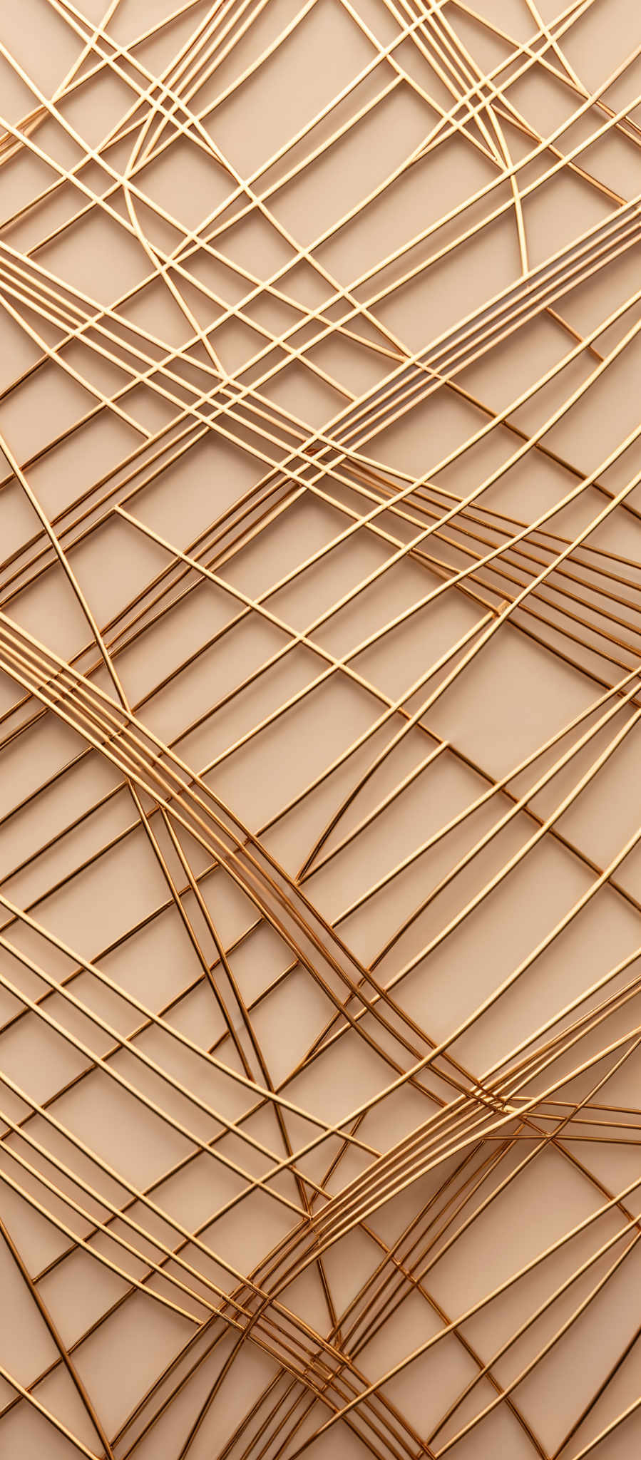 The image showcases a meticulously crafted design with intersecting golden lines forming intricate patterns. The background is a neutral beige color, which accentuates the golden lines. The lines are crisscrossing in various directions, creating a complex web-like pattern. The overall design gives a sense of elegance and sophistication.