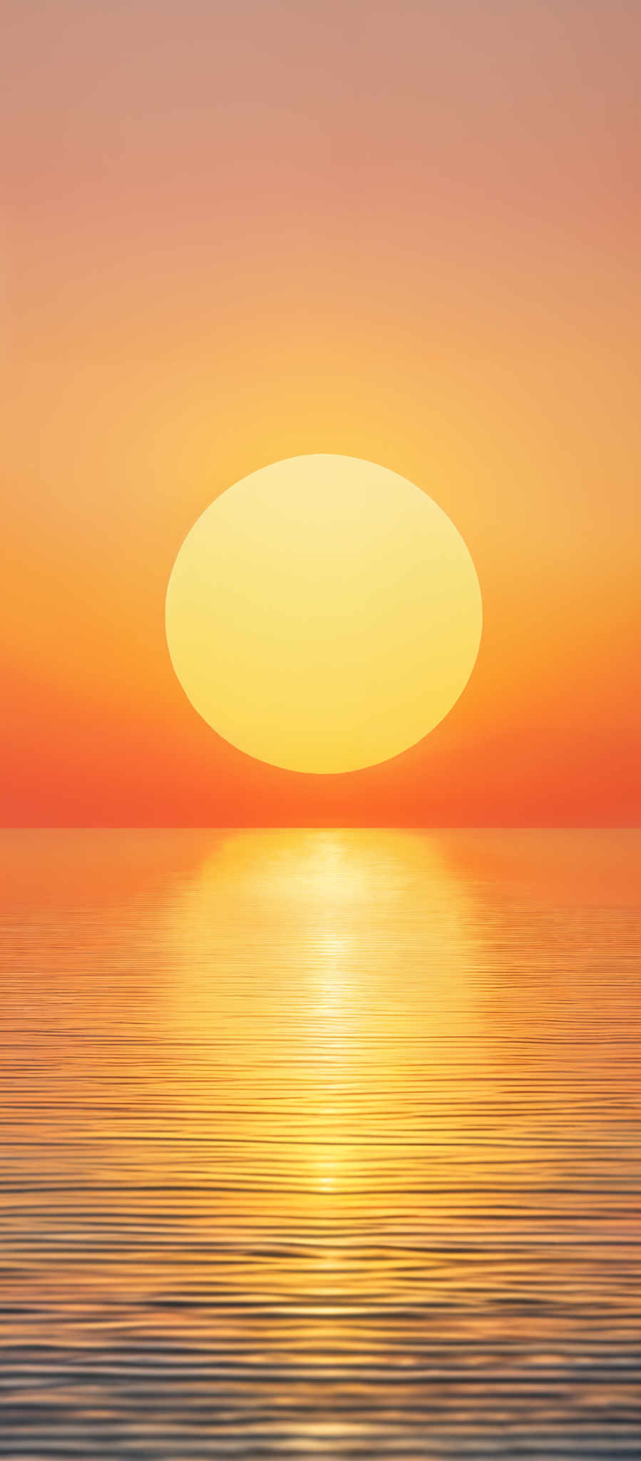 The image showcases a breathtaking sunset over a calm sea. The sun is depicted as a large, glowing orb, casting a brilliant yellow-orange hue across the sky. The horizon is painted with gradients of pink, orange, and a hint of purple. The sea reflects the sun's glow, creating a shimmering path of light that stretches out towards the horizon. The overall ambiance of the image is serene and tranquil.