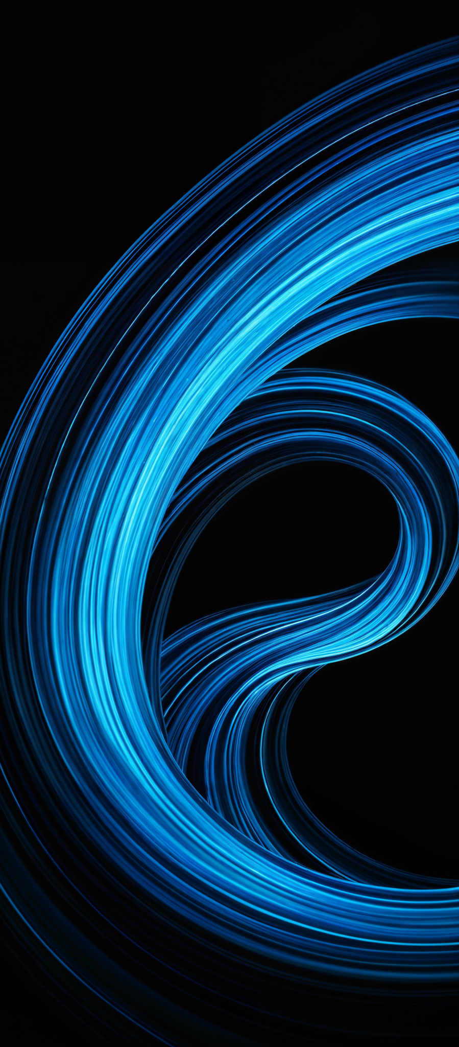 The image showcases vibrant swirling patterns of blue and white against a dark background. The swirls are intricate and spiral-like, creating a sense of movement and fluidity. The blue hues range from deep navy to lighter shades, giving the image a dynamic and energetic feel. The overall shape resembles a vortex or a whirlpool, drawing the viewer's eye into its center.