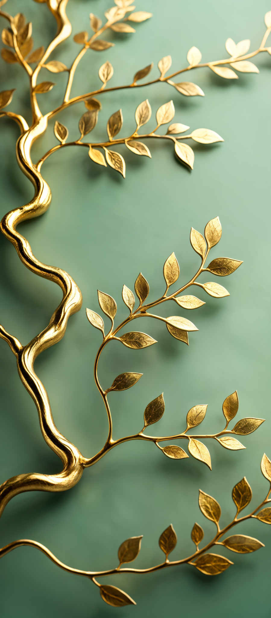 The image showcases a set of intricately designed gold branches with leaves. The branches are winding and twisted, creating an elegant and artistic pattern. Each leaf is detailed with a unique texture, giving it a realistic appearance. The entire setup is set against a soft teal background, which accentuates the gold color of the branches and leaves, making them stand out prominently.