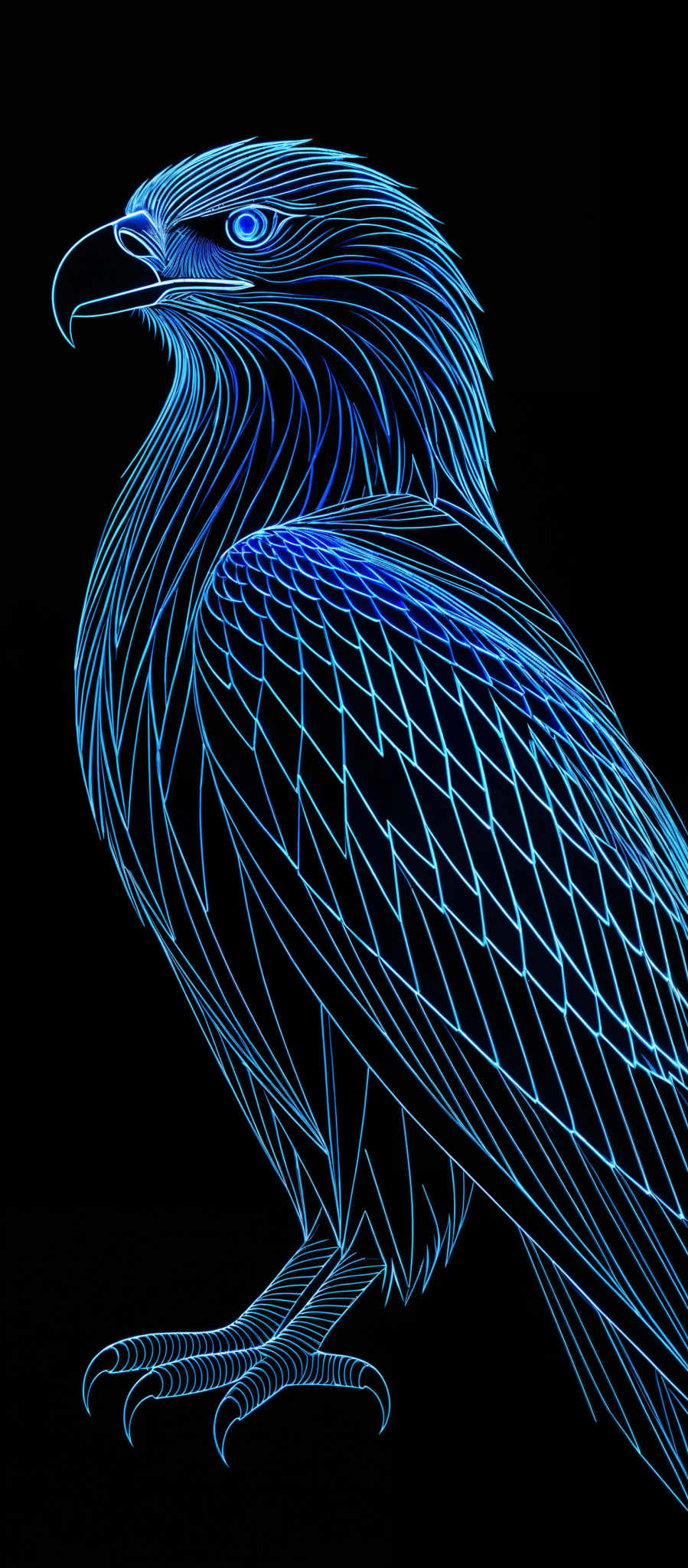 The image showcases a stylized representation of a bird, possibly an eagle or hawk, with neon blue outlines against a black background. The bird's feathers are intricately detailed with sharp, angular lines, and the eyes are accentuated with a bright blue hue. The overall design gives a futuristic or digital aesthetic, reminiscent of neon lights or digital art.