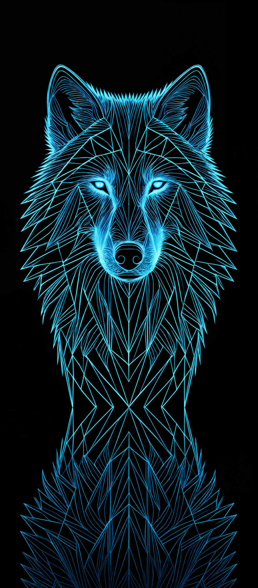 The image showcases a vibrant blue wolf with intricate geometric patterns. The wolf's face is symmetrically divided into triangular segments, creating a modern and abstract design. The patterns are symmetrical, with the wolf reflecting its design on a mirrored surface below. The color palette is dominated by shades of blue, which gives the image a cool and ethereal feel.