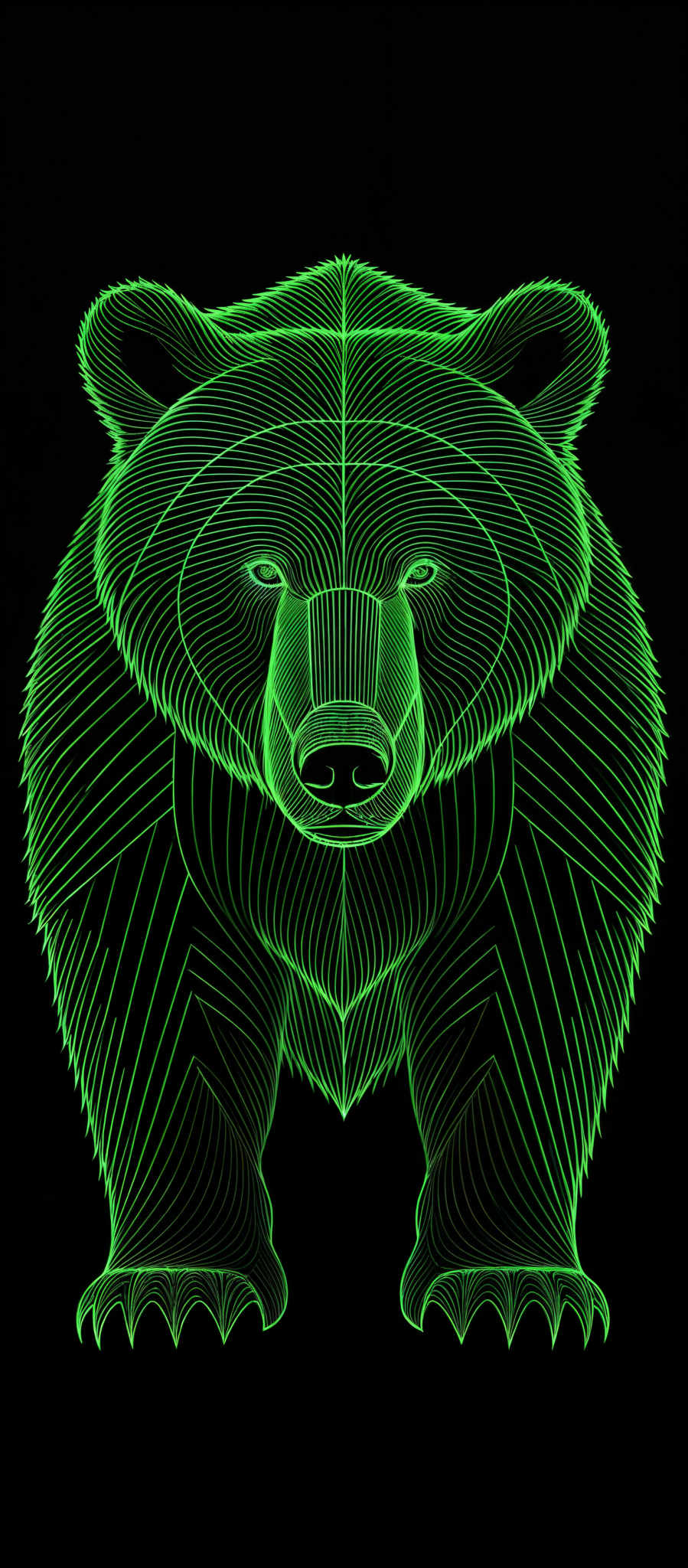 The image showcases a bear with intricate green lines and patterns. The bear is depicted in a frontal view, with its face, front paws, and a portion of its body visible. The lines create a symmetrical and detailed design, emphasizing the bear's facial features and body contours. The color palette is predominantly green against a black background, giving the image a vibrant and contrasting appearance.