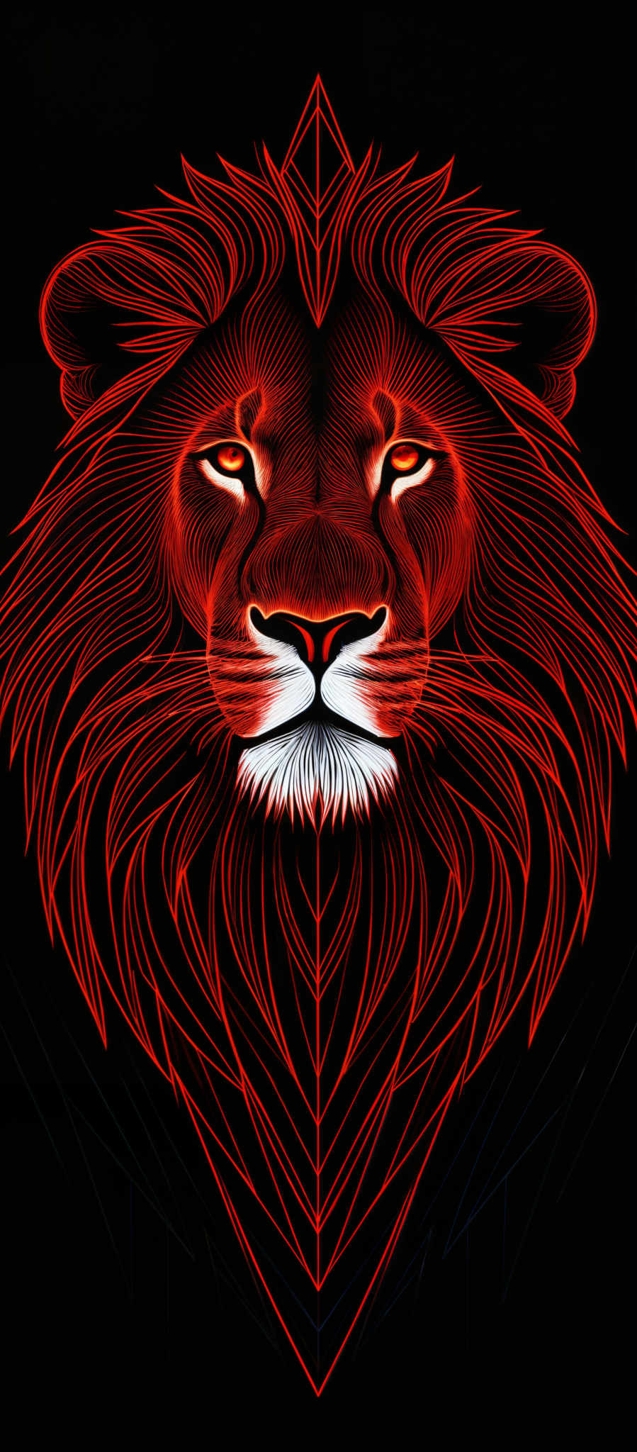 The image showcases a lion's face, intricately designed with vibrant red and orange hues against a black background. The lion has a mane that is detailed with intricate patterns, giving it a fierce and majestic appearance. The eyes of the lion are glowing in a deep red, adding to its intense gaze. The overall design is symmetrical, with geometric patterns and lines complementing the natural features of the animal.