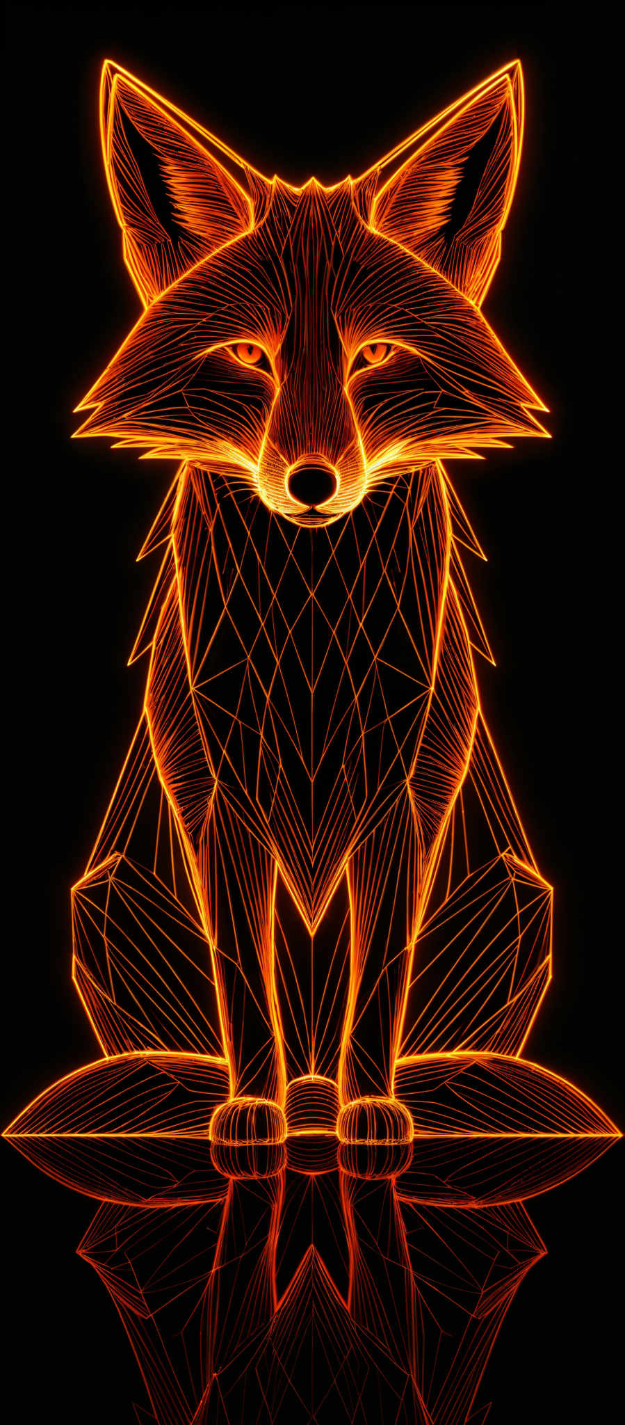 The image showcases a vibrant and intricate design of a fox. The fox is depicted in a sitting position with its ears raised. The design is made up of geometric lines and patterns, predominantly in shades of orange and red, which give it a glowing, neon-like appearance. The intricate details of the fox's fur, eyes, and facial features are accentuated by these lines, creating a visually captivating and modern representation of the animal.